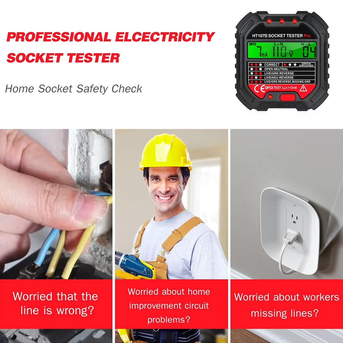 Ein Bild mit einem Steckdosentester, elektrischen Leitungen, einem lächelnden Elektriker und einer Steckdose mit Textüberlagerung.