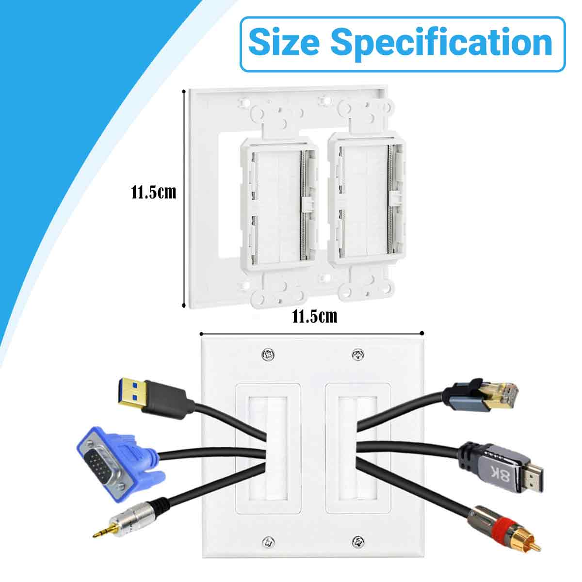 Weiße Wandplatten mit Kabeln: USB, VGA, Audio, HDMI und Ethernet. Abmessungen sind mit 11,5 cm angegeben.