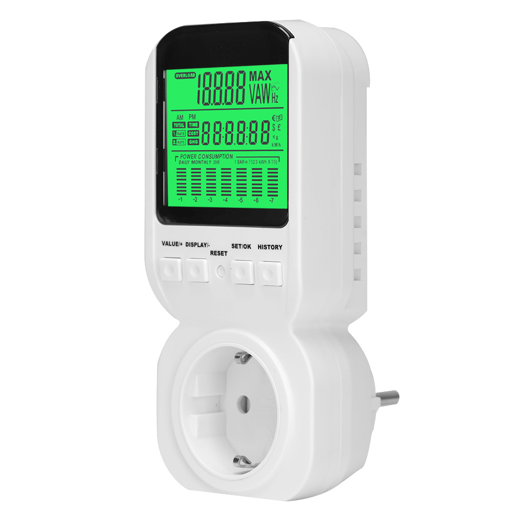 Ein weißes Strommessgerät mit digitaler Anzeige von Spannung, Zeit und Stromverbrauch. Es hat Knöpfe und einen Stecker.