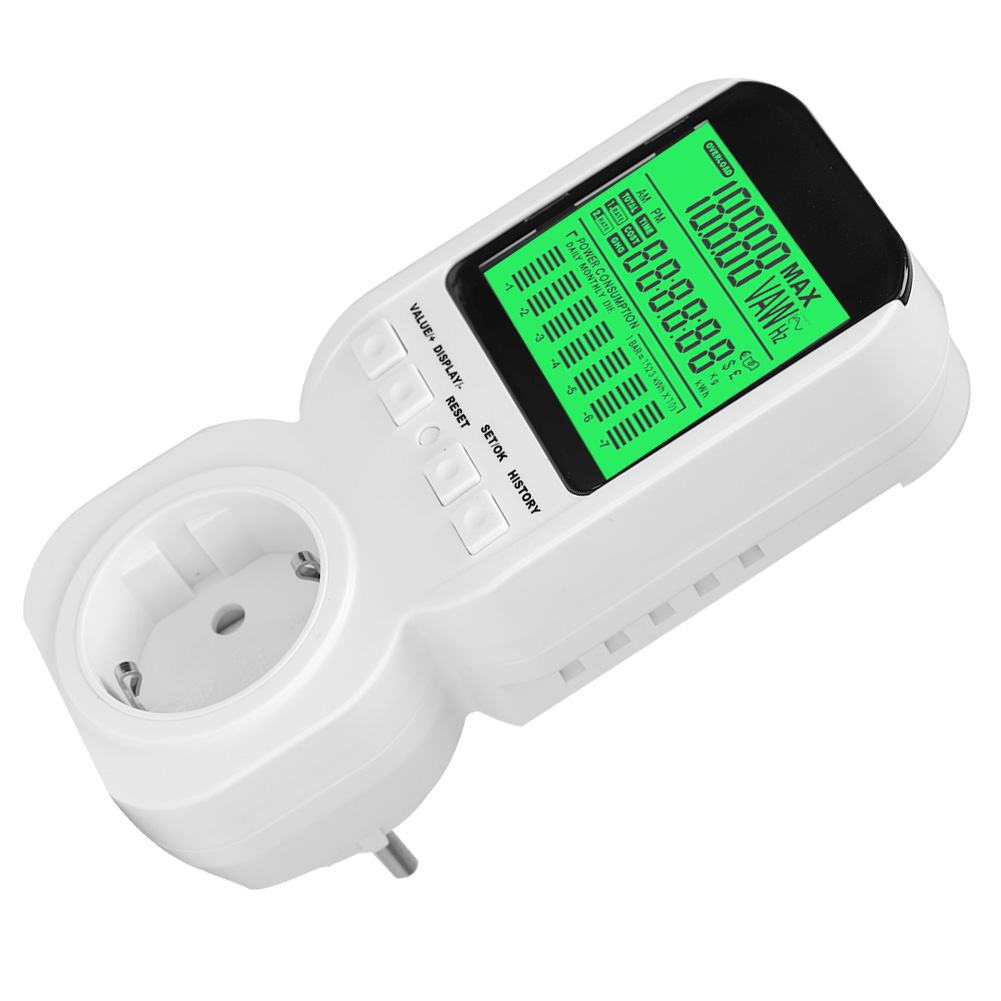 Ein weißes Strommessgerät mit grünem Digitaldisplay, das Messwerte anzeigt, sowie Tasten für Wert, Anzeige, Reset, Set/OK und Verlauf.