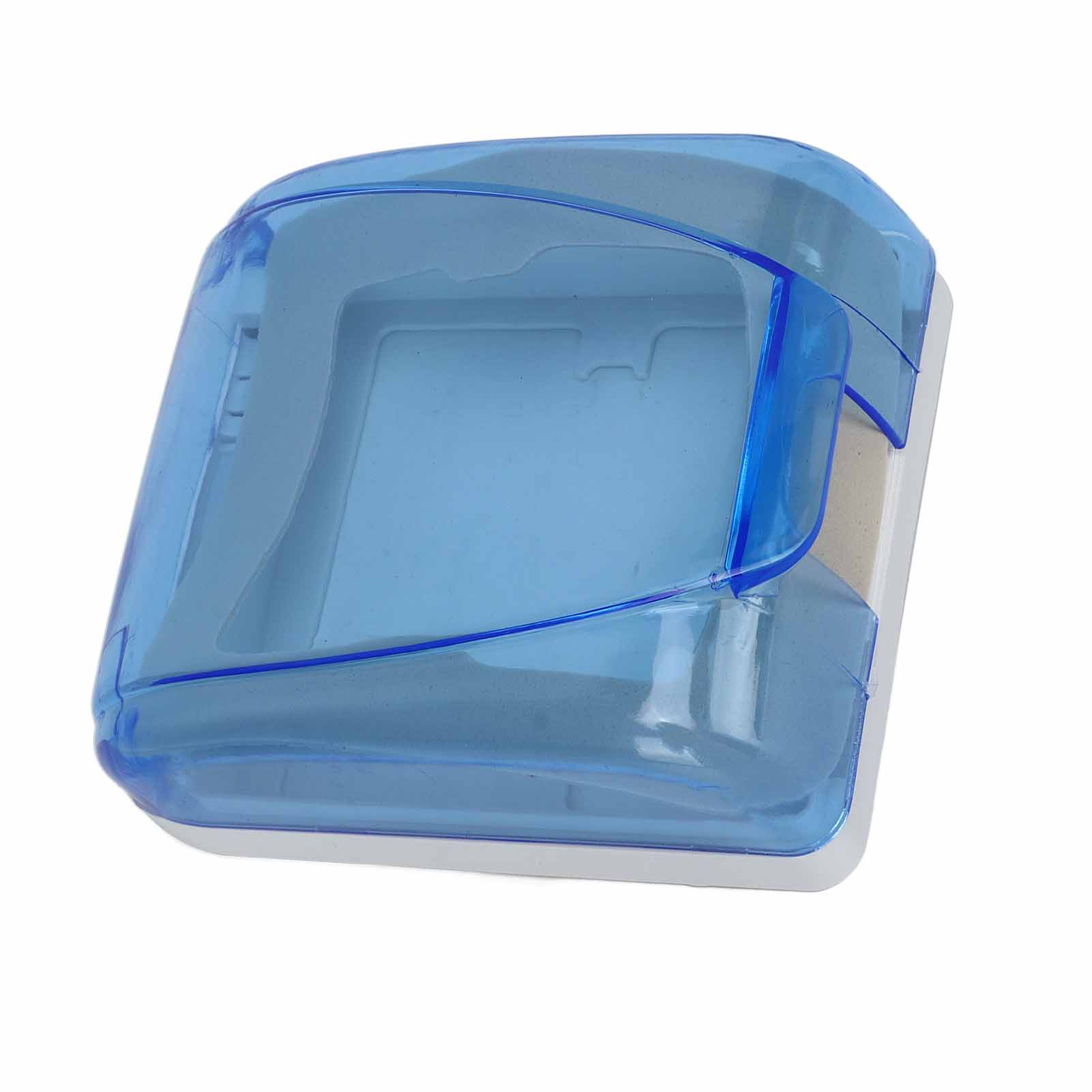 Ein blauer Plastikbehälter mit durchsichtigem Deckel, vor weißem Hintergrund. Der Deckel hat einen blauen Rand.