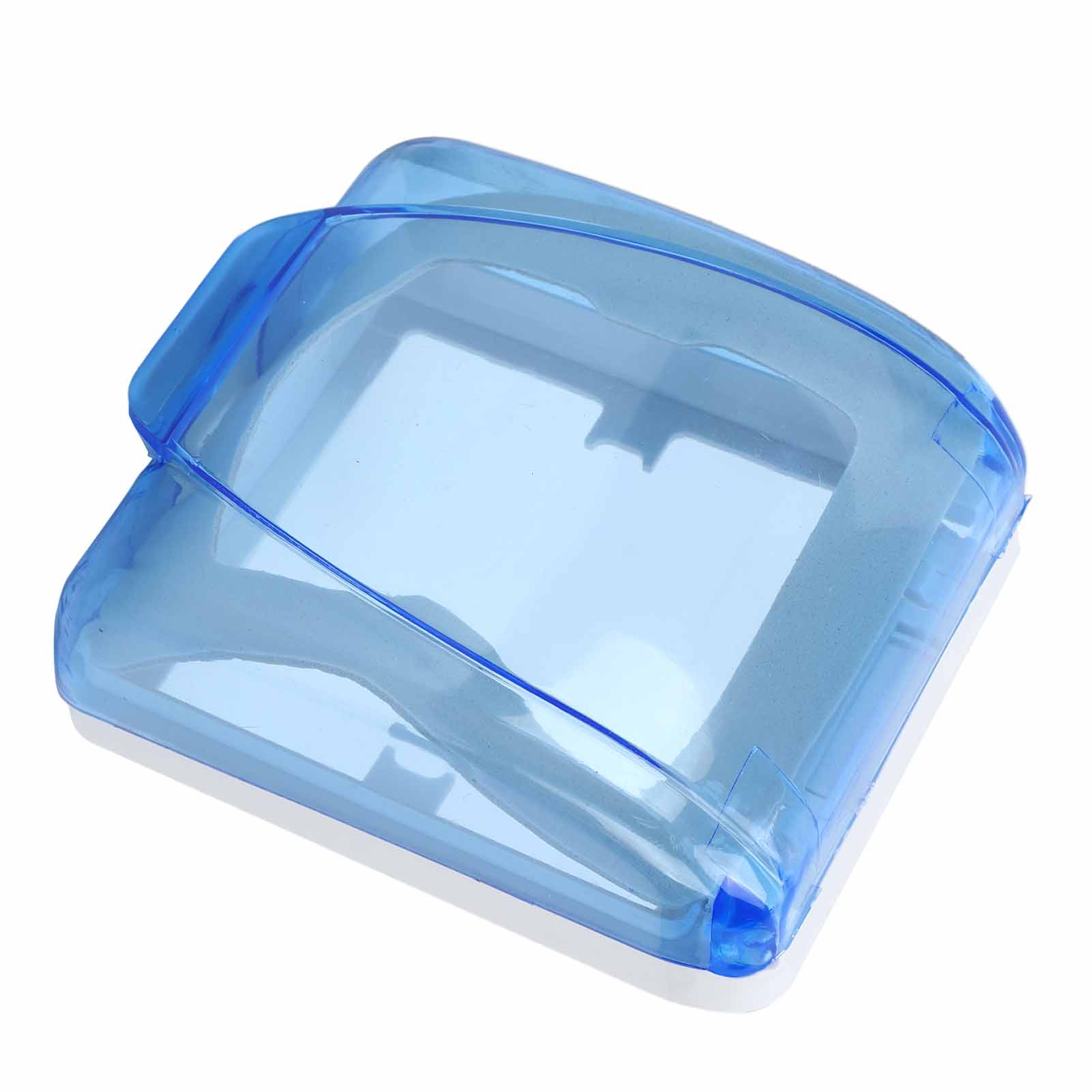 Eine transparente blaue Plastikbox mit Klappdeckel liegt auf einer weißen Oberfläche. Die Box ist leer.