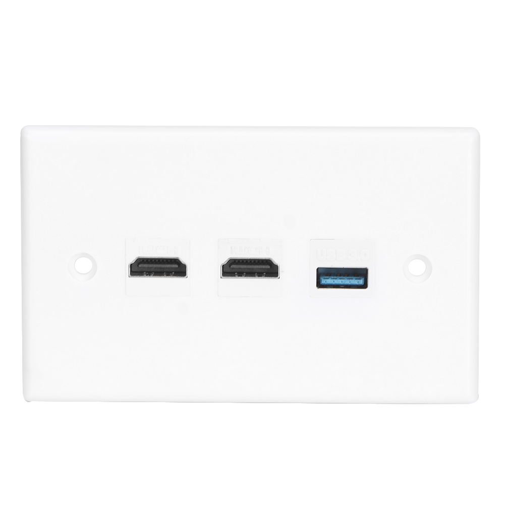 Weiße Wandplatte mit zwei HDMI-Anschlüssen und einem USB-Anschluss. Zwei Schraubenlöcher sind sichtbar.