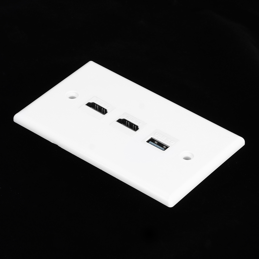 Weiße rechteckige Wandplatte mit drei Anschlüssen: zwei HDMI und ein USB 3.0, vor schwarzem Hintergrund.
