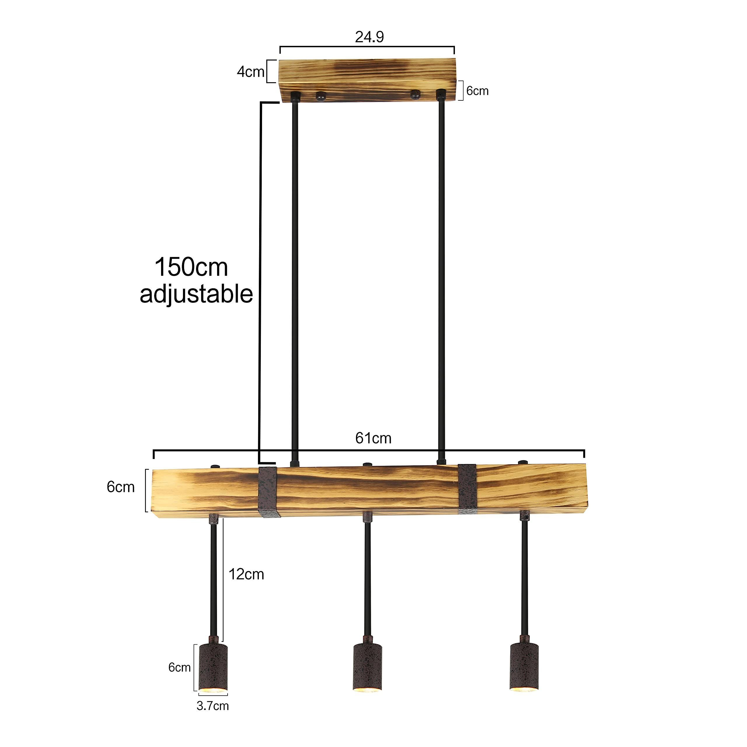 Ein hölzerner Kronleuchter mit drei dunklen Lampen, getragen von schwarzen Metallstangen. Die gesamte Struktur ist 150 cm verstellbar.