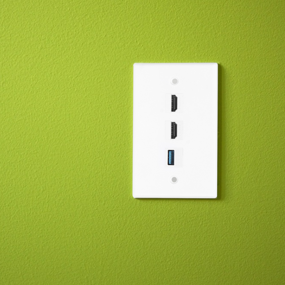 Weiße Wandplatte mit HDMI- und USB-Anschlüssen an grüner Wand. Zwei HDMI- und ein USB-Anschluss sind sichtbar.