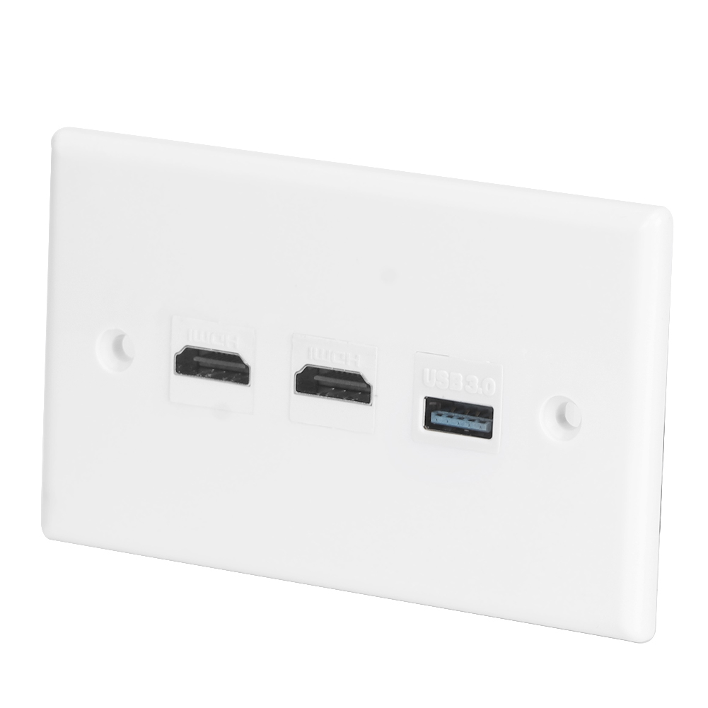 Weiße Wandplatte mit zwei HDMI-Anschlüssen und einem USB 3.0-Anschluss. Die Anschlüsse sind schwarz. Die Platte hat auf jeder Seite Schraubenlöcher.