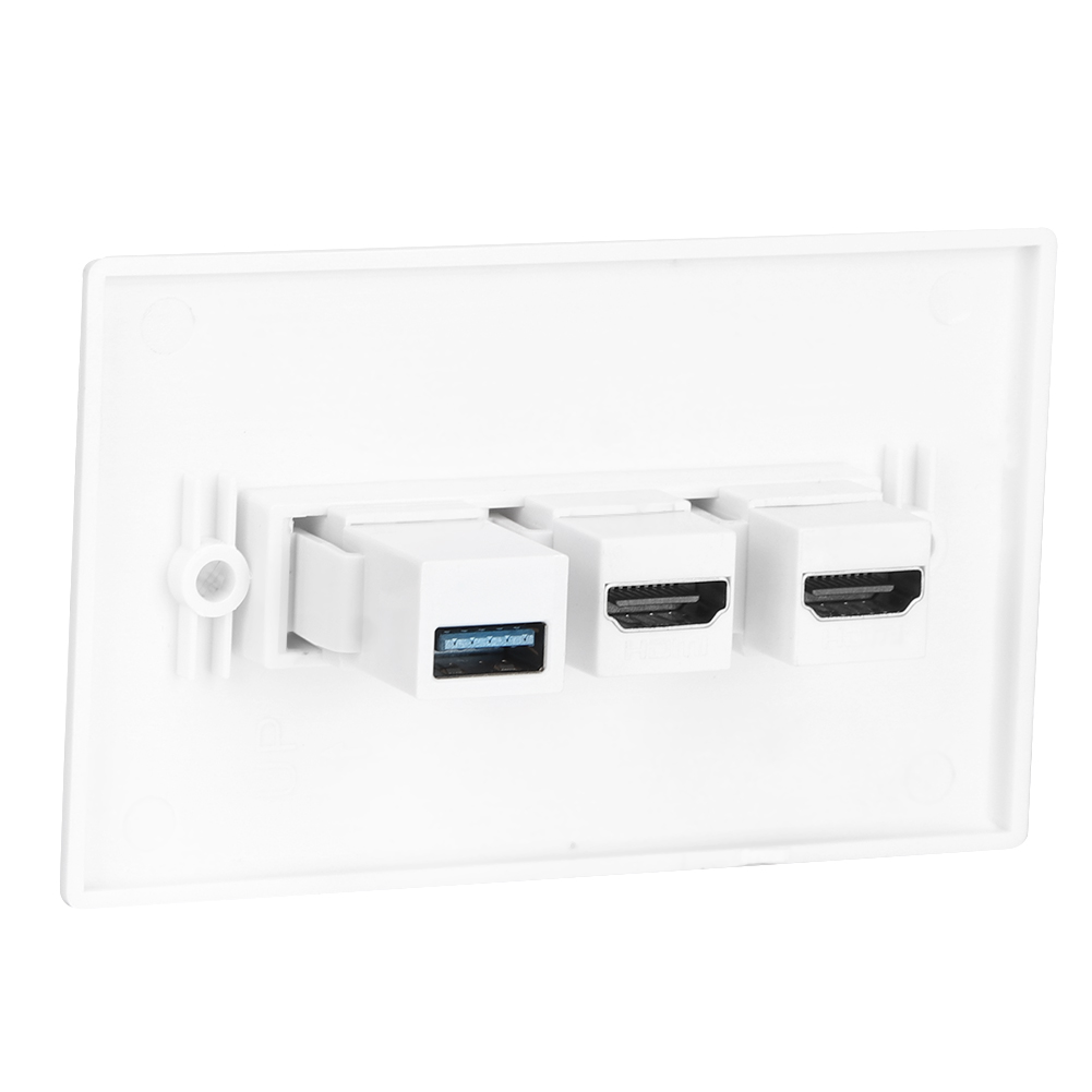 Weiße Wandplatte mit USB- und HDMI-Anschlüssen. Ein USB- und zwei HDMI-Anschlüsse sind sichtbar. Alle sind weiß.
