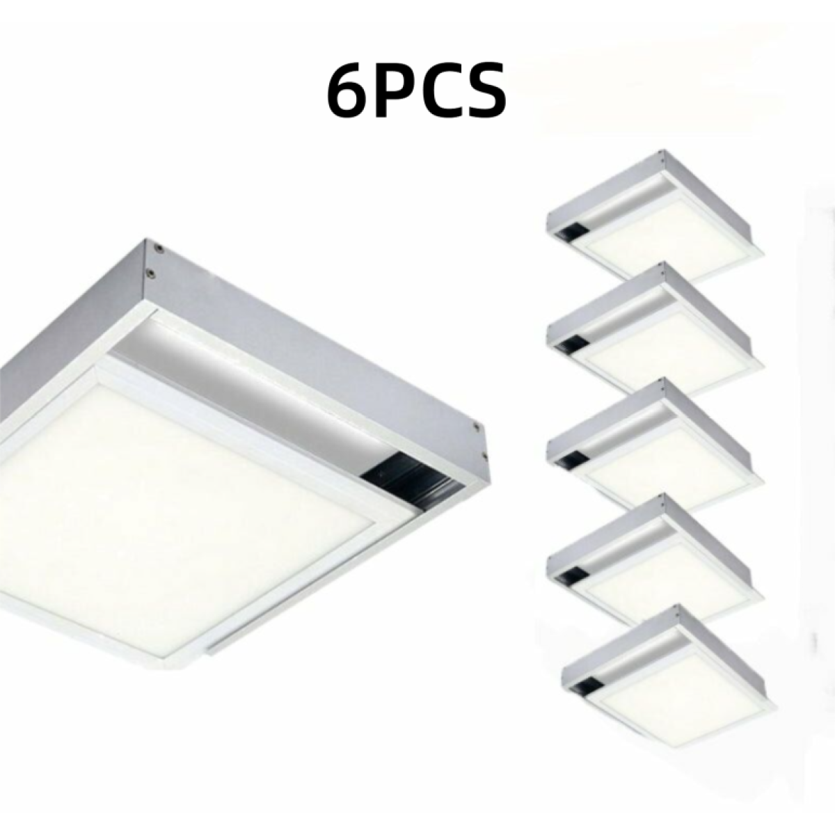 Sechs quadratische LED-Panelleuchten sind vor einem weißen Hintergrund angeordnet. Die Leuchten sind rechteckig mit silbernen Rahmen. Der Text "6PCS" befindet sich oben.