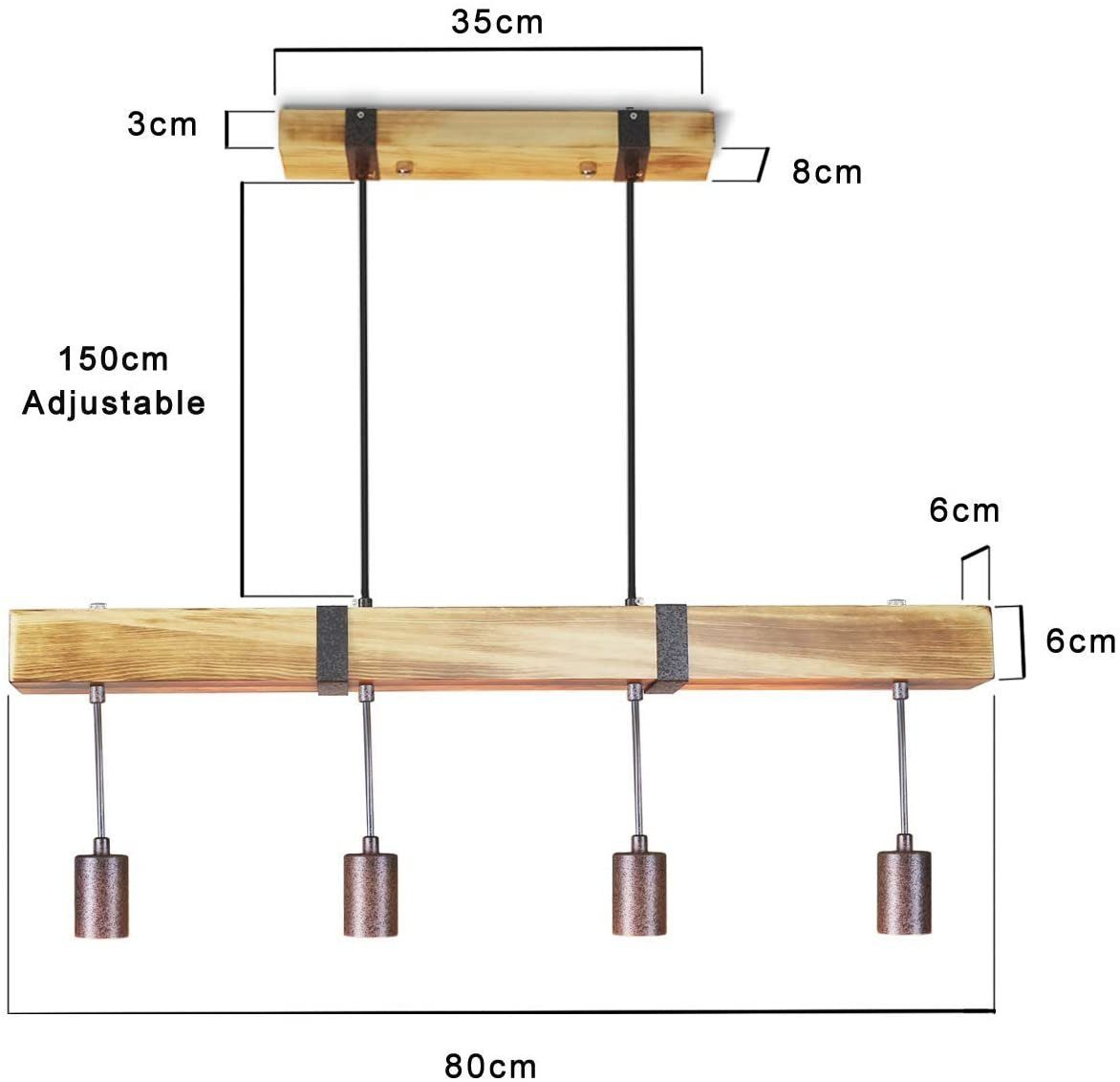 Holzbalken-Pendelleuchte mit vier Metallschirmen. Abmessungen: 80 cm, 35 cm, 8 cm, 6 cm. Verstellbares Kabel 150 cm.