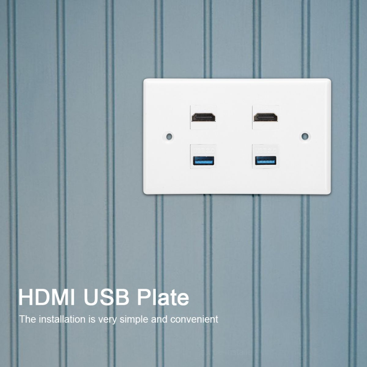Eine weiße HDMI-USB-Platte mit zwei HDMI-Anschlüssen und zwei USB 3.0-Anschlüssen ist an einer blauen Wand befestigt.