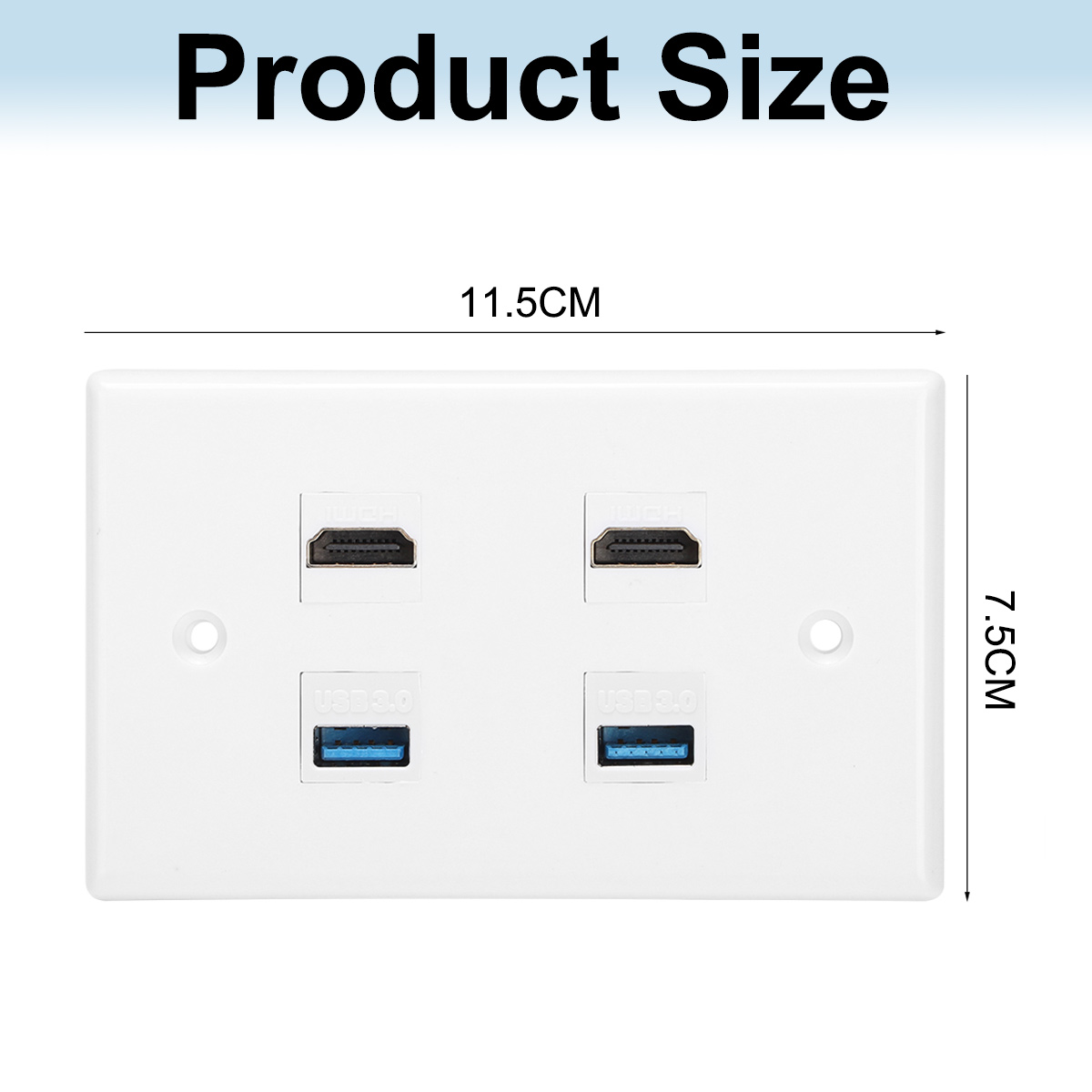 Weiße Wandplatte mit zwei HDMI- und zwei USB-3.0-Anschlüssen. Abmessungen sind 11,5 cm x 7,5 cm. Oben steht 'Produktgröße'.