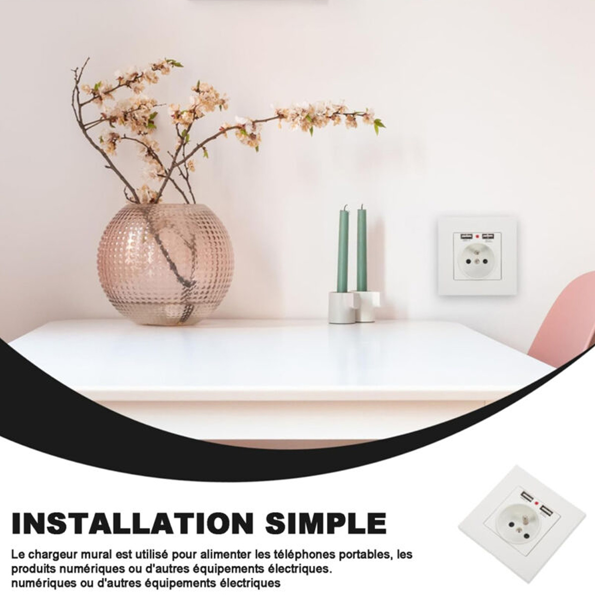 Ein weißer Tisch mit einer Blumenvase, Kerzen und einer Steckdose. Text unten: 'Einfache Installation'.