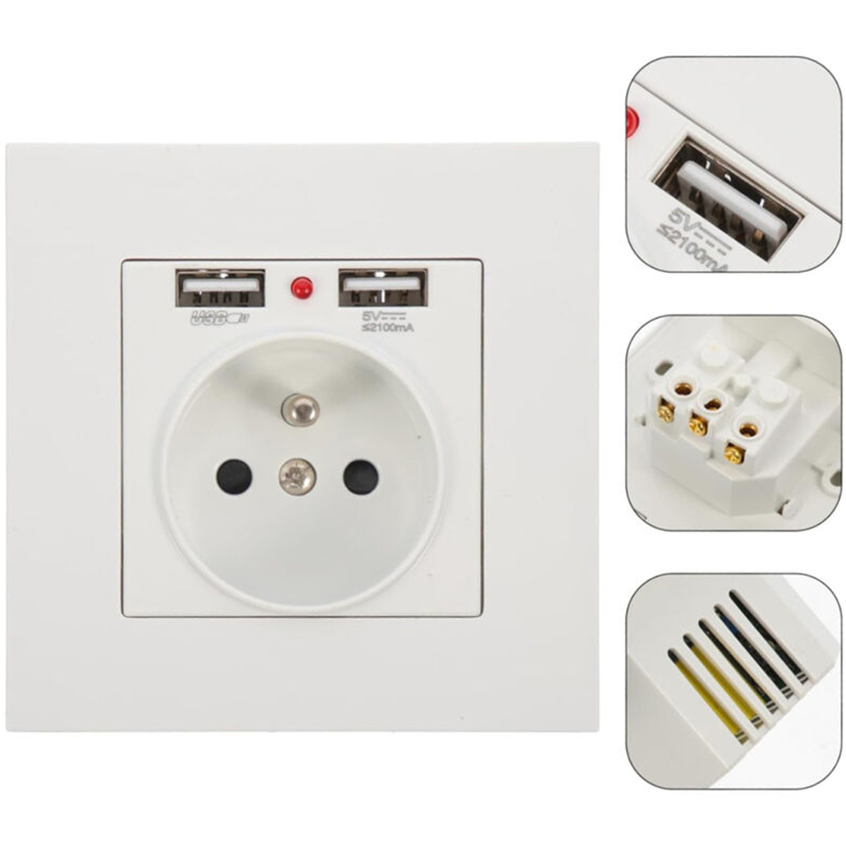 Weiße Wandsteckdose mit USB-Anschlüssen und einer Standardsteckdose. Details umfassen eine rote LED-Anzeige und Nahaufnahmen von Komponenten.