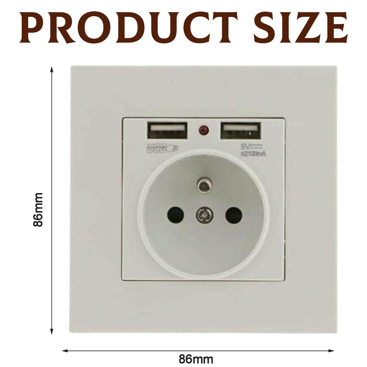 Weiße Steckdose mit USB-Anschlüssen und einer Steckdose. Enthält Abmessungen von 86 mm x 86 mm. Text lautet PRODUKTGRÖSSE.