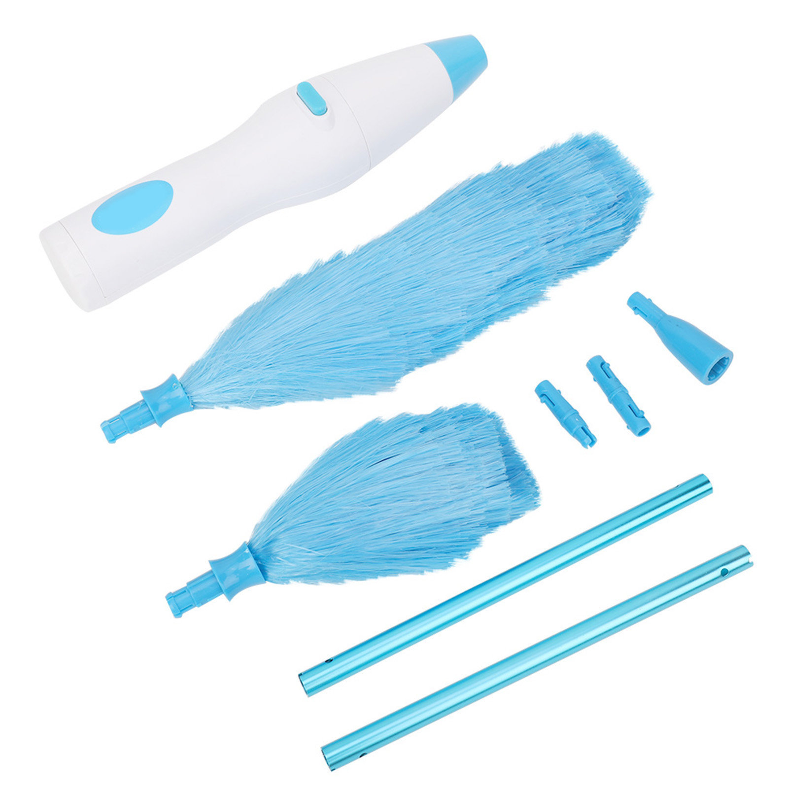 Ein weiß-blauer elektrischer Staubwedel mit mehreren Aufsätzen und Verlängerungsstangen, vor weißem Hintergrund.