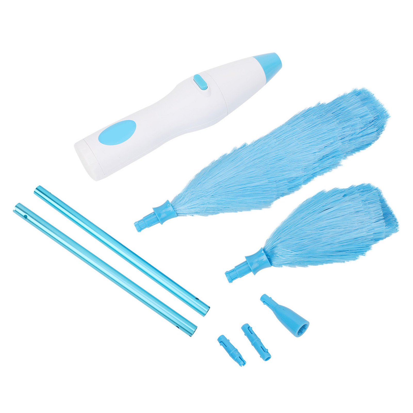 Ein weiß-blaues elektrisches Staubtuch-Set. Enthält das Hauptgerät, zwei Staubtuchköpfe, Verlängerungsstangen und kleine blaue Verbinder.