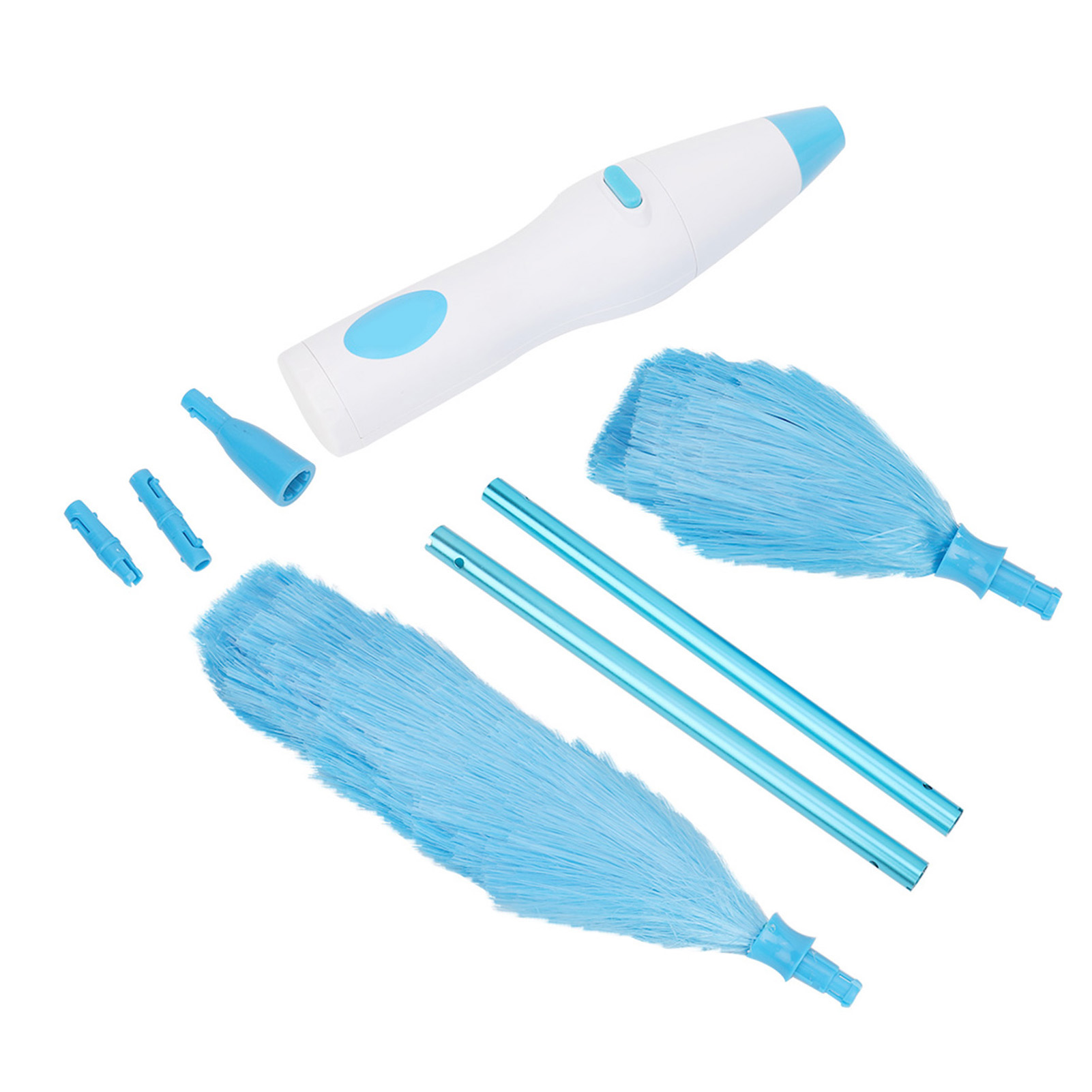 Ein weiß-blauer elektrischer Staubwedel mit mehreren blauen Aufsätzen und zwei Verlängerungsstangen, alles auf weißem Hintergrund.