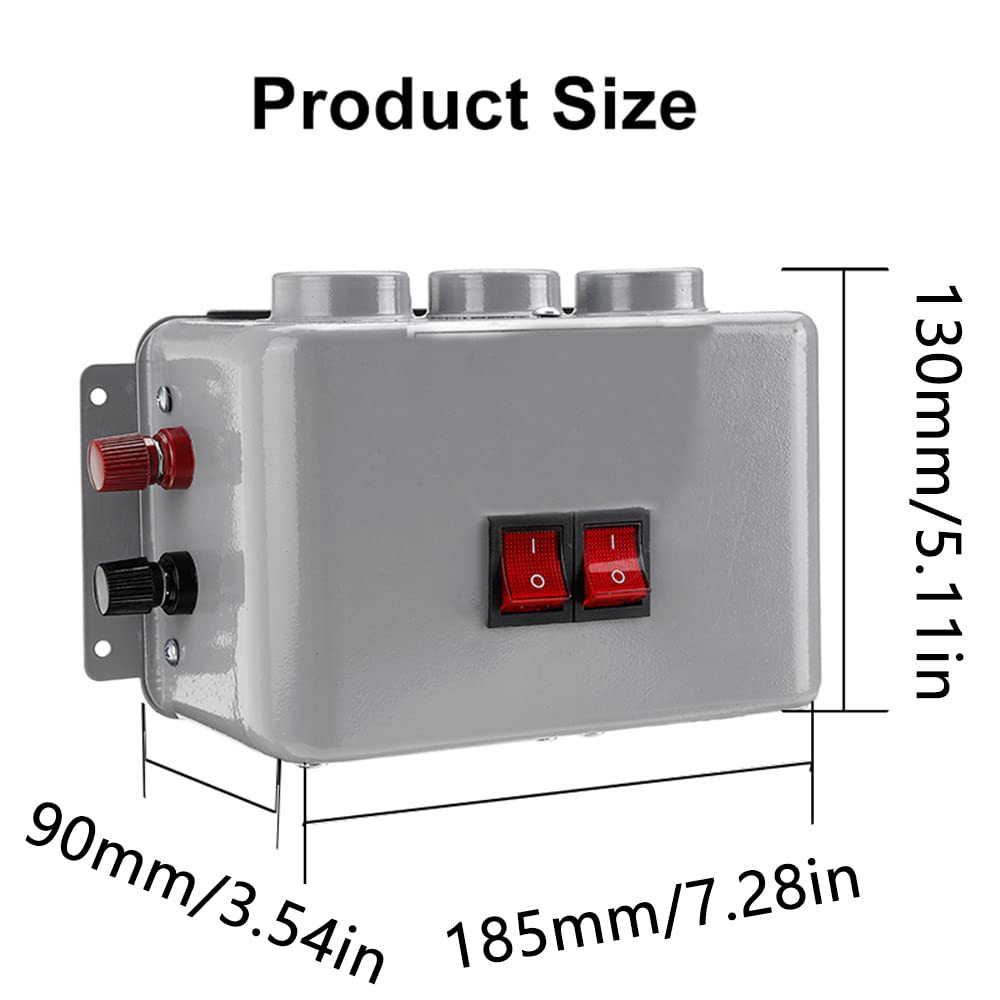 Graue Box mit roten Schaltern und Knöpfen. Abmessungen: 185 mm/7,28 Zoll, 130 mm/5,11 Zoll und 90 mm/3,54 Zoll.
