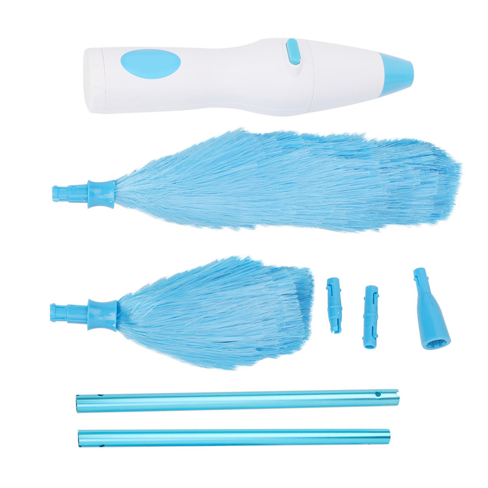 Zerlegter elektrischer Staubwedel. Weißer Griff mit blauen Akzenten, blaue Staubwedelköpfe und blaue Verlängerungsteile.