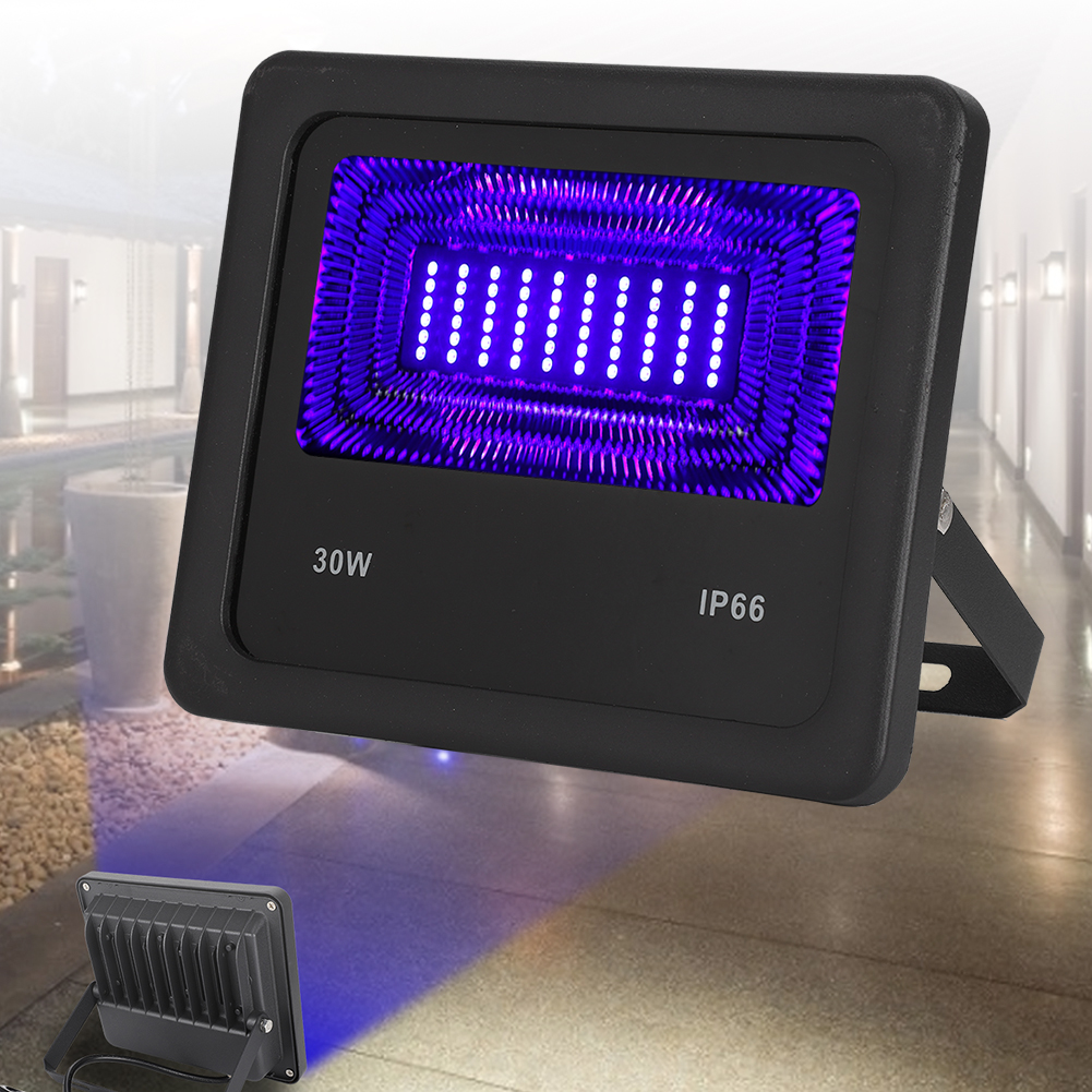 Ein schwarzer Fluter mit violettem Licht. Er hat 30W und IP66 markiert. Ein kleinerer Fluter scheint violettes Licht auf den Boden.