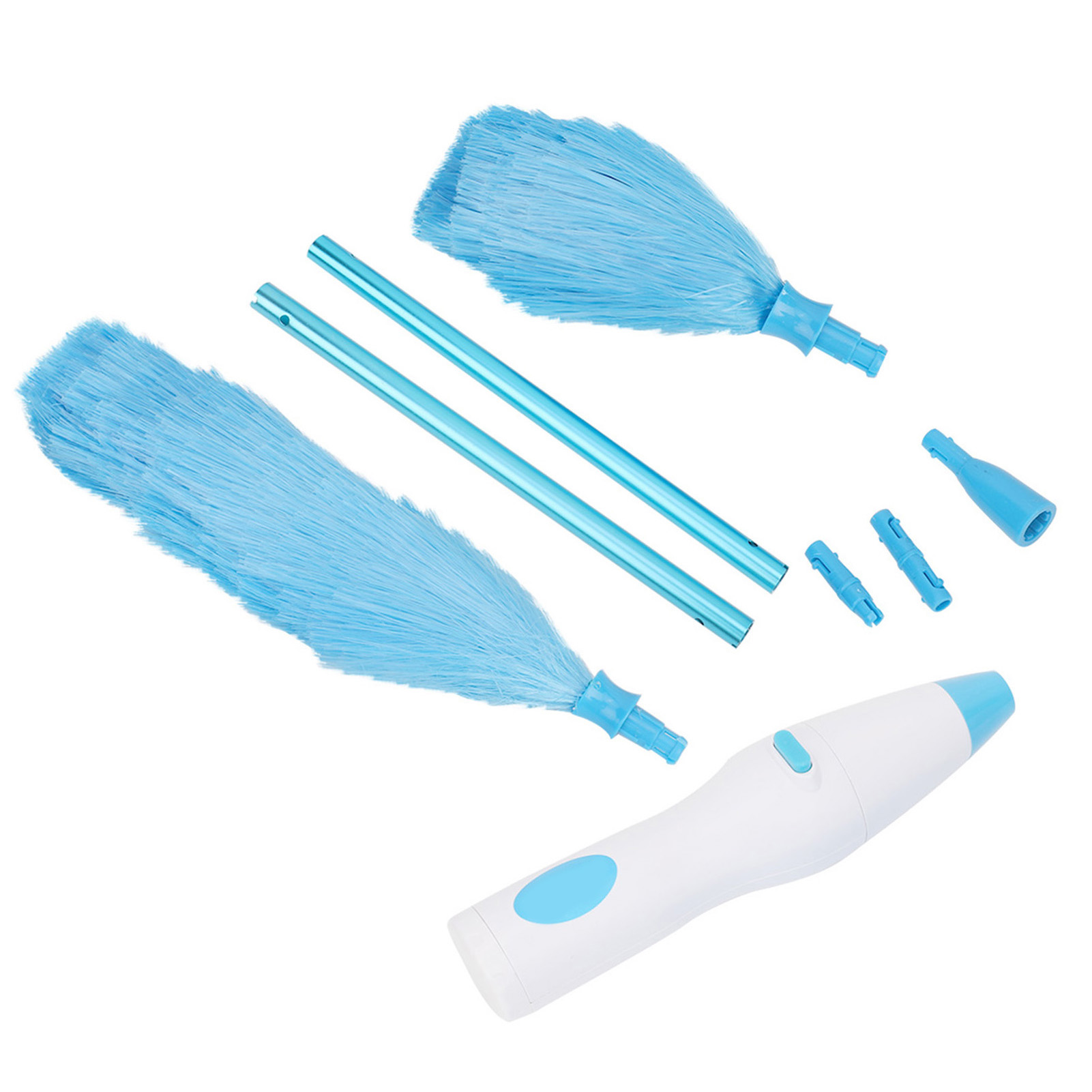 Ein elektrisches Staubtuch-Set mit blauen Staubtüchern, Metallröhren, Steckern und einem weiß-blauen Handgerät.