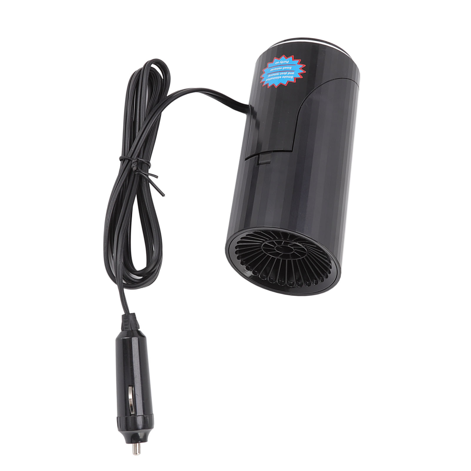 Eine schwarze Autoheizung mit Kabel und Stecker auf weißem Hintergrund. Sie entfernt Rauch und Staub.