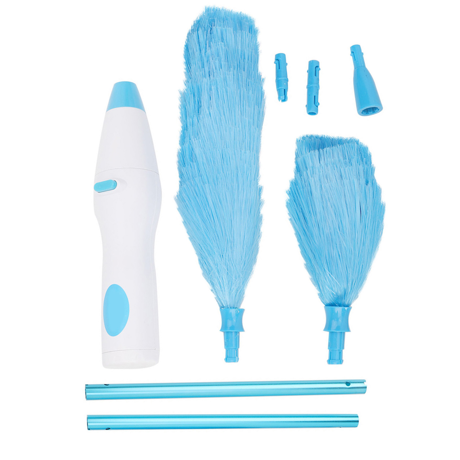 Ein elektrisches blaues Staubtuch-Set. Es enthält ein weiß-blaues Gerät, mehrere blaue Staubwedel und Verlängerungsstangen.