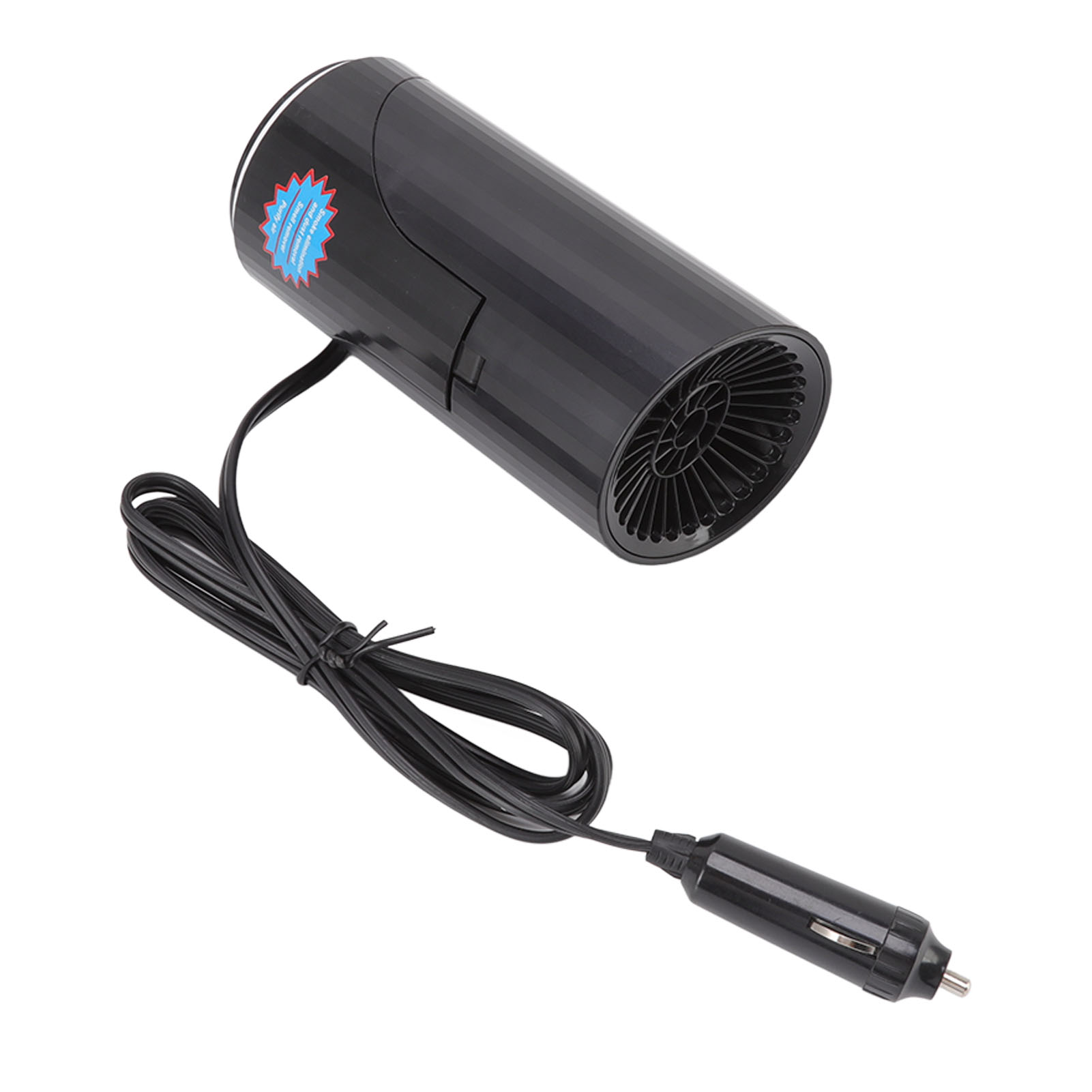 Ein schwarzes Autoheizgerät mit Netzkabel und Stecker ist auf weißem Hintergrund abgebildet.