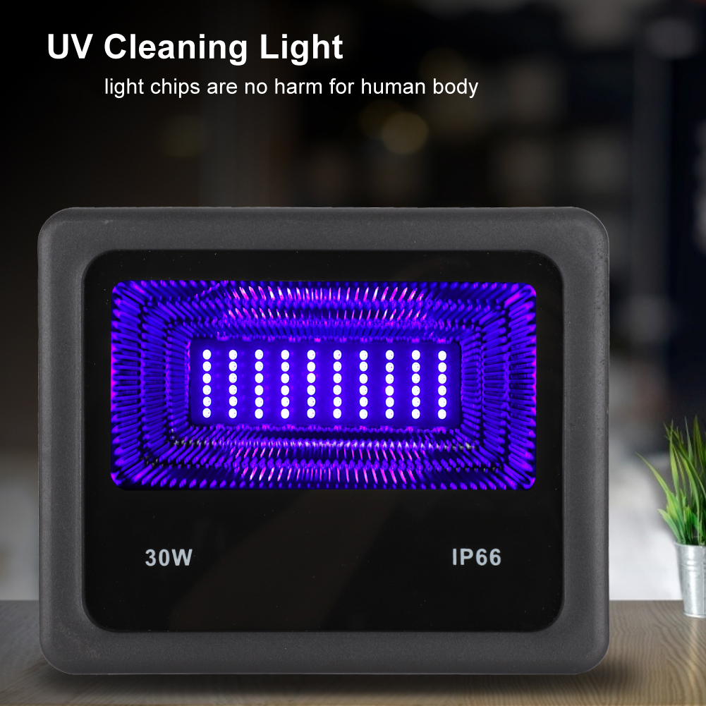 Eine schwarze UV-Reinigungslampe mit violettem Innenraum und weißen Lichtern. Text oben: UV-Reinigungslampe. Unten: 30W, IP66.
