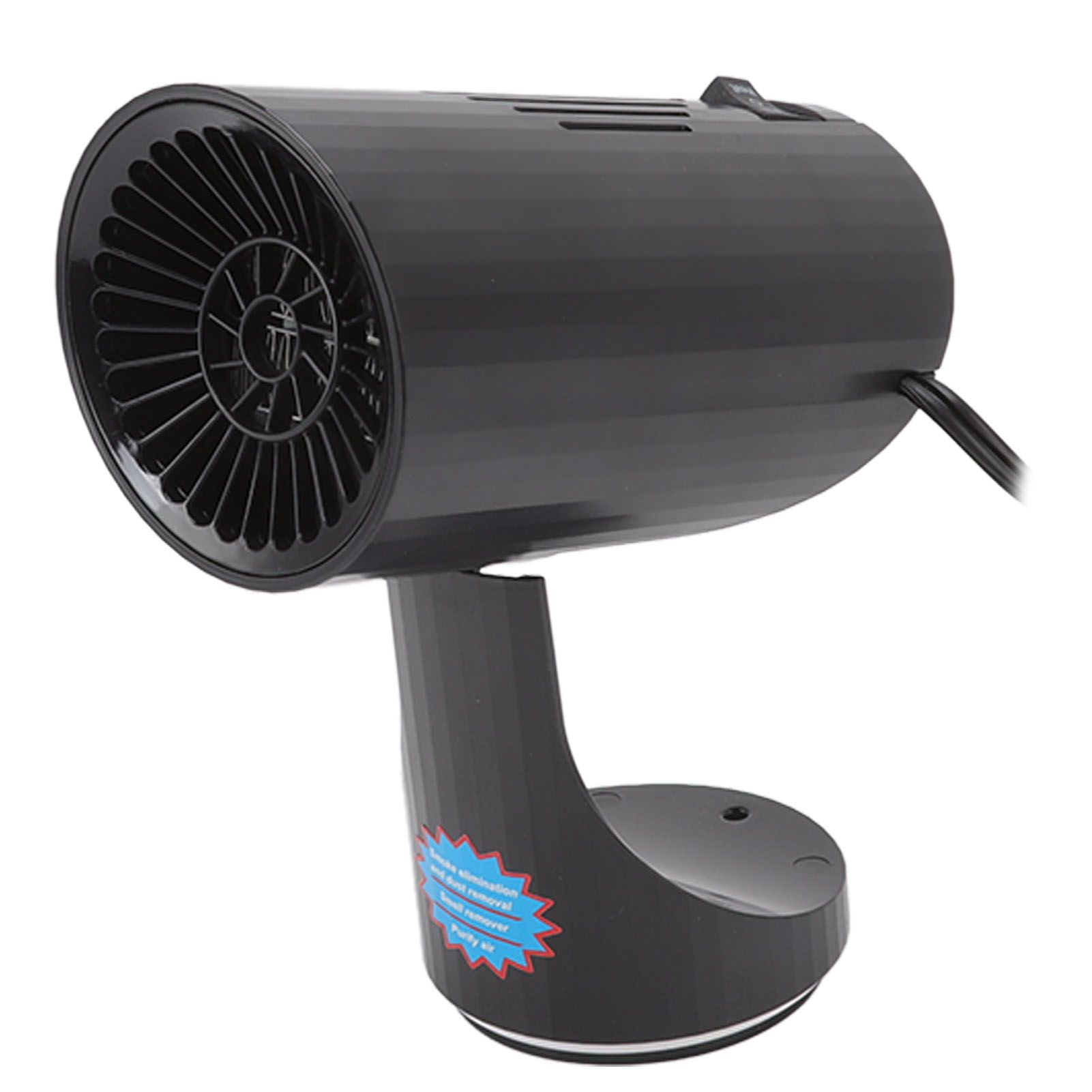 Schwarze zylindrische Elektroheizung. Es hat einen Ventilator und einen Sockel. Ein Netzkabel und ein Schalter sind sichtbar.