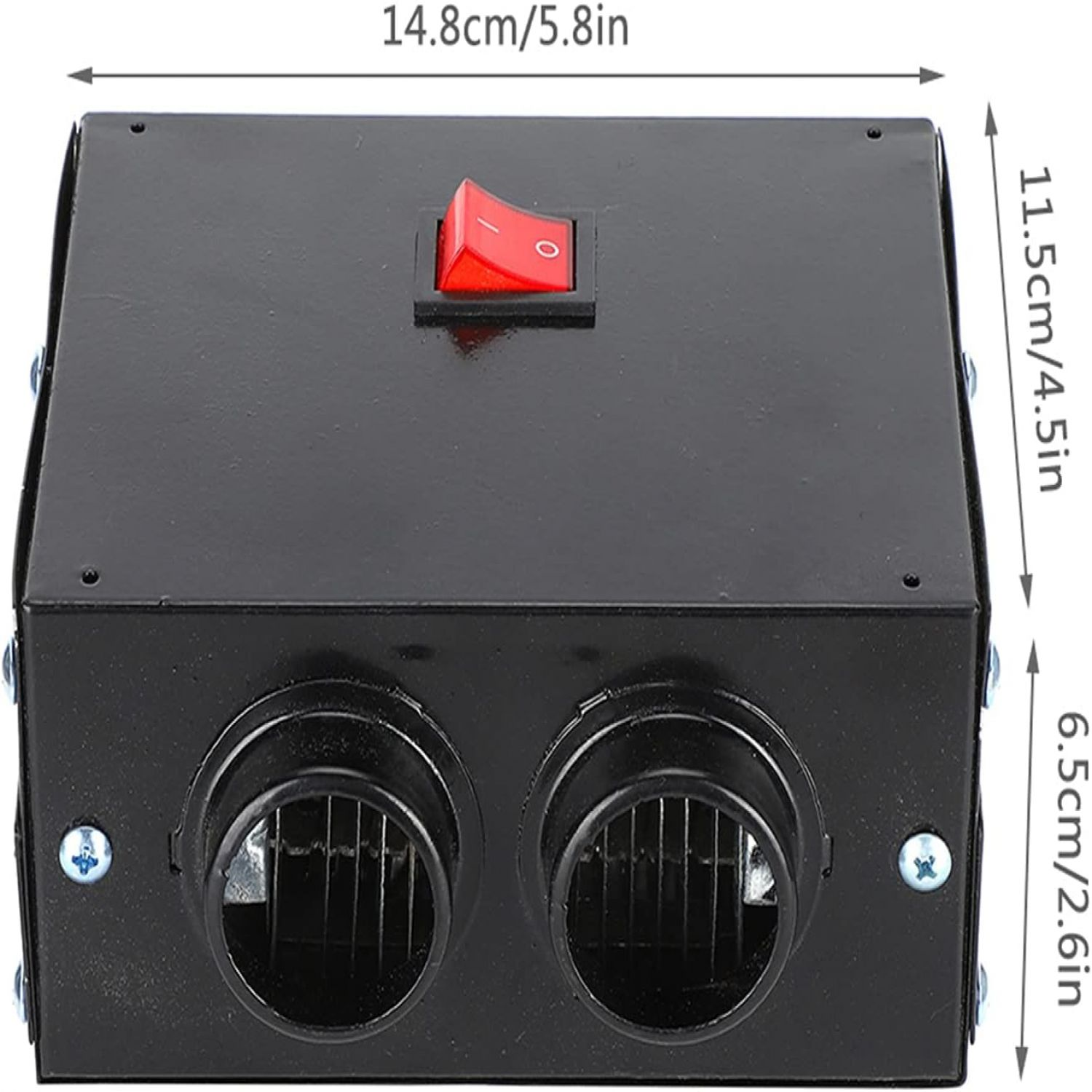 Schwarze Box mit zwei runden Öffnungen, einem roten Schalter und Abmessungen in cm und Zoll.