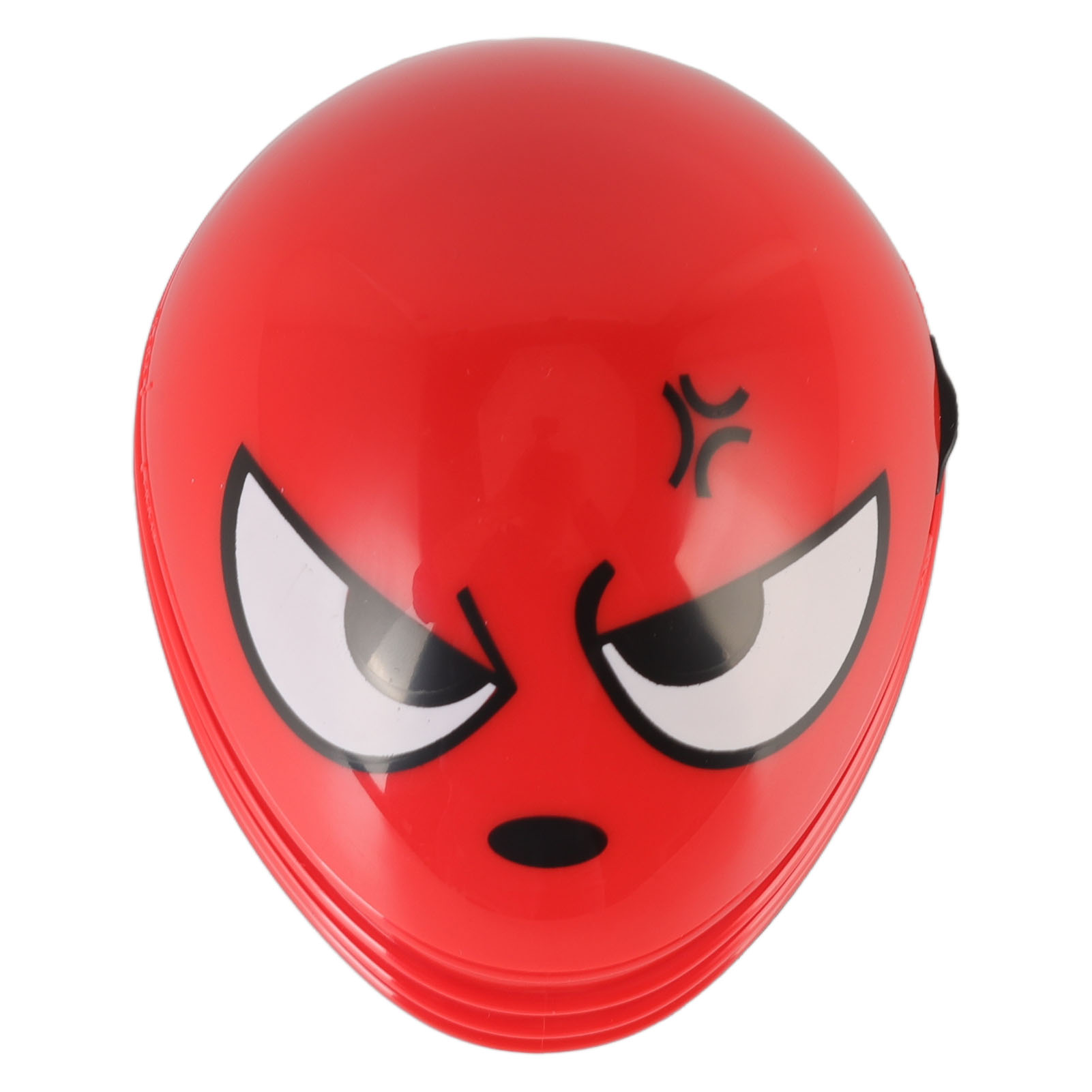 Ein rotes, rundes Objekt mit einem wütenden Gesichtsdesign, mit weißen Augen mit schwarzen Umrissen, einer kleinen schwarzen Nase und einem wütenden Symbol.