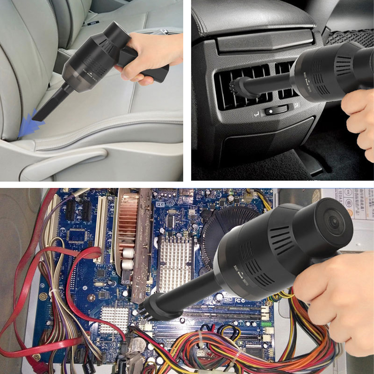 Ein schwarzer Handstaubsauger wird auf einem Autositz, einer Lüftungsöffnung und einer Computer-Hauptplatine verwendet, gehalten von einer Hand.