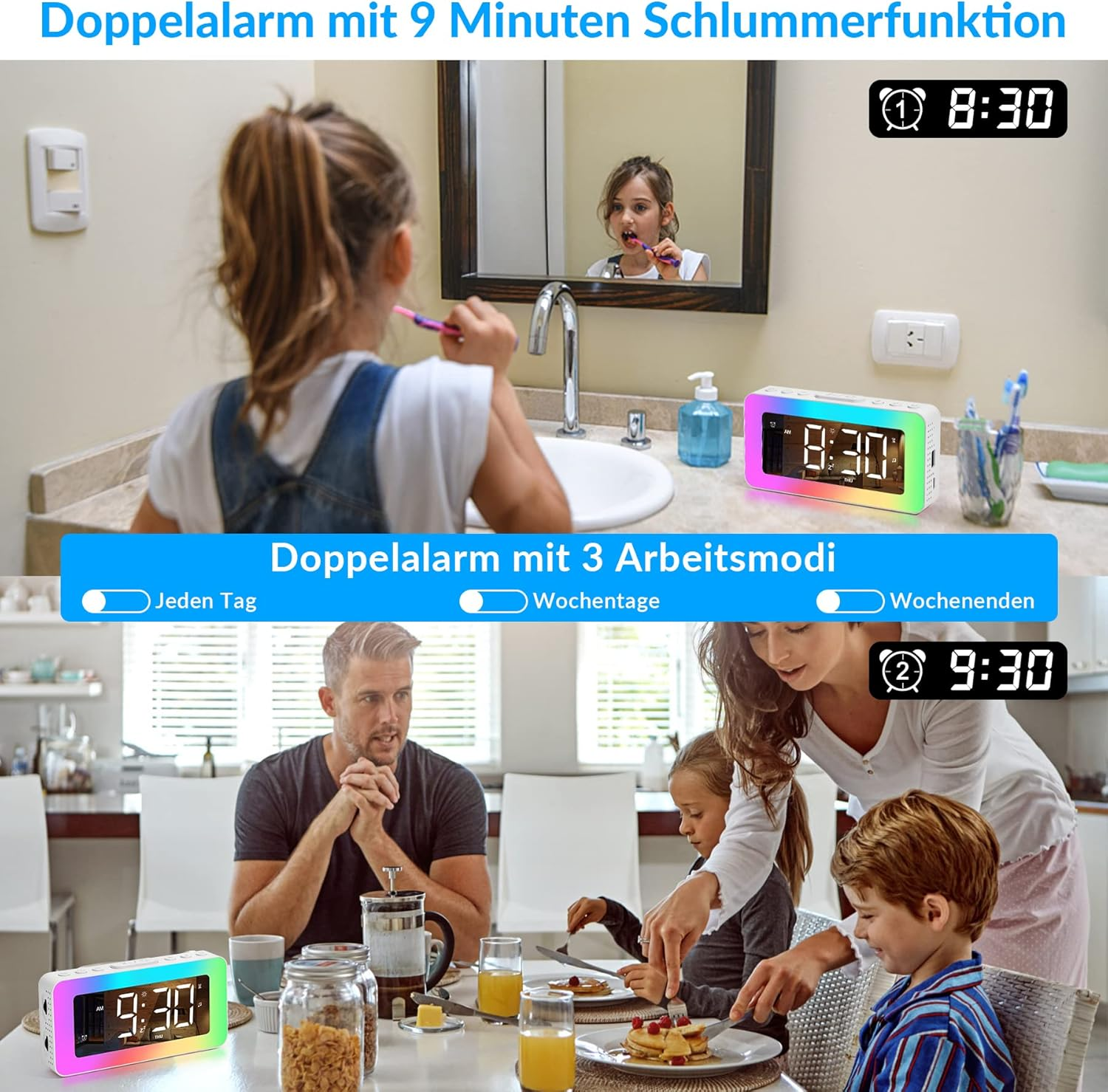 Ein Mädchen putzt sich vor einem Spiegel die Zähne. Darunter isst eine Familie Frühstück. Wecker zeigen 8:30 und 9:30. Die Szene handelt von Morgenroutinen.