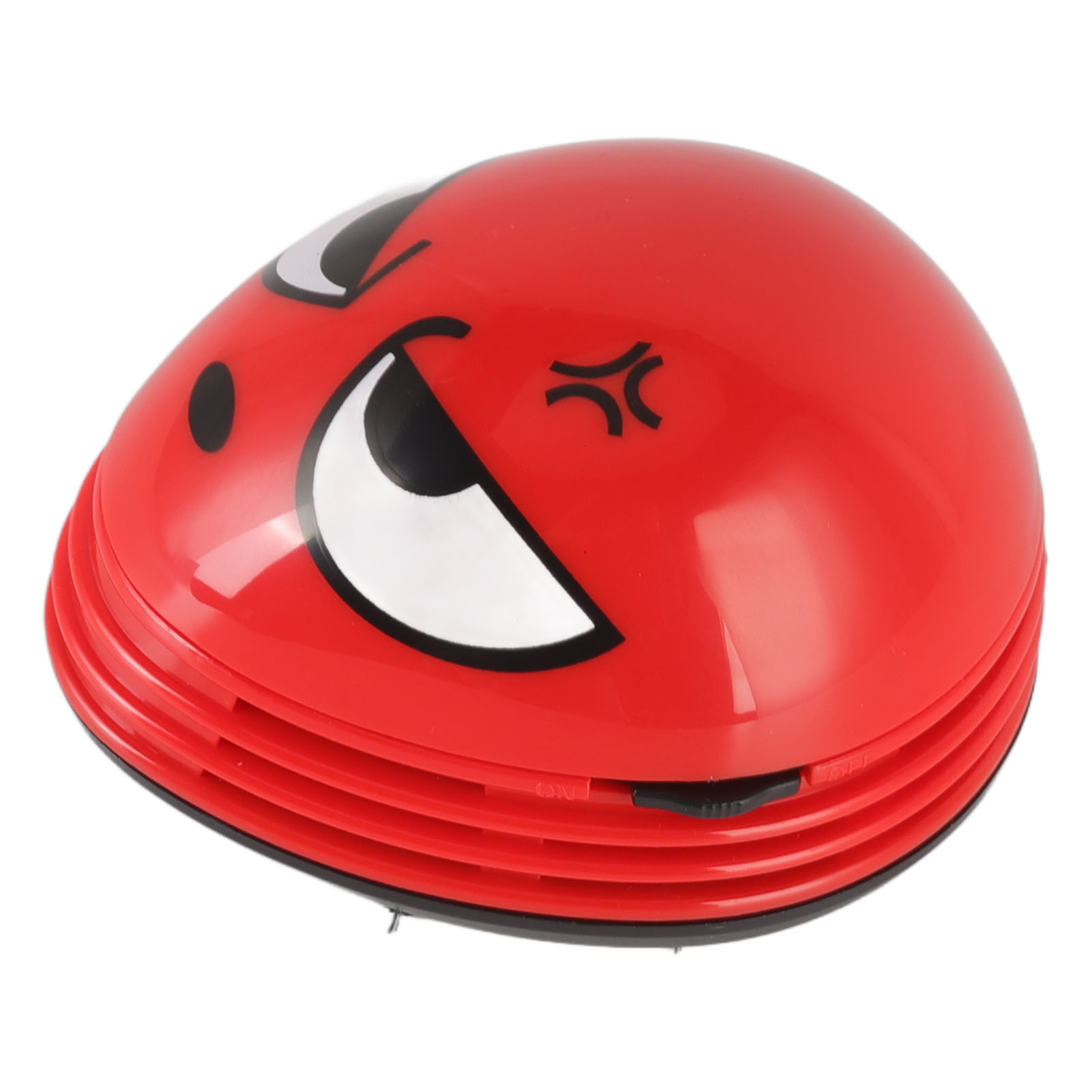 Ein roter Mini-Staubsauger mit wütendem Gesicht. Er hat ein schwarzes Auge und ein zwinkerndes Auge mit einem Frown.