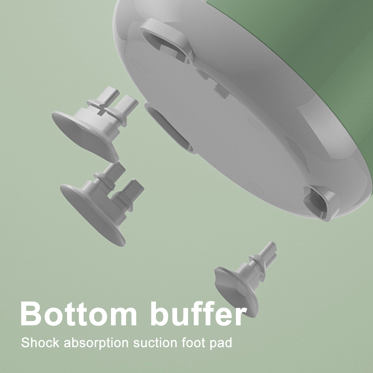 Nahaufnahme eines weißen und grünen Geräts mit abnehmbaren grauen Füßen, beschriftet mit 'Bottom buffer' und 'Shock absorption suction foot pad'.