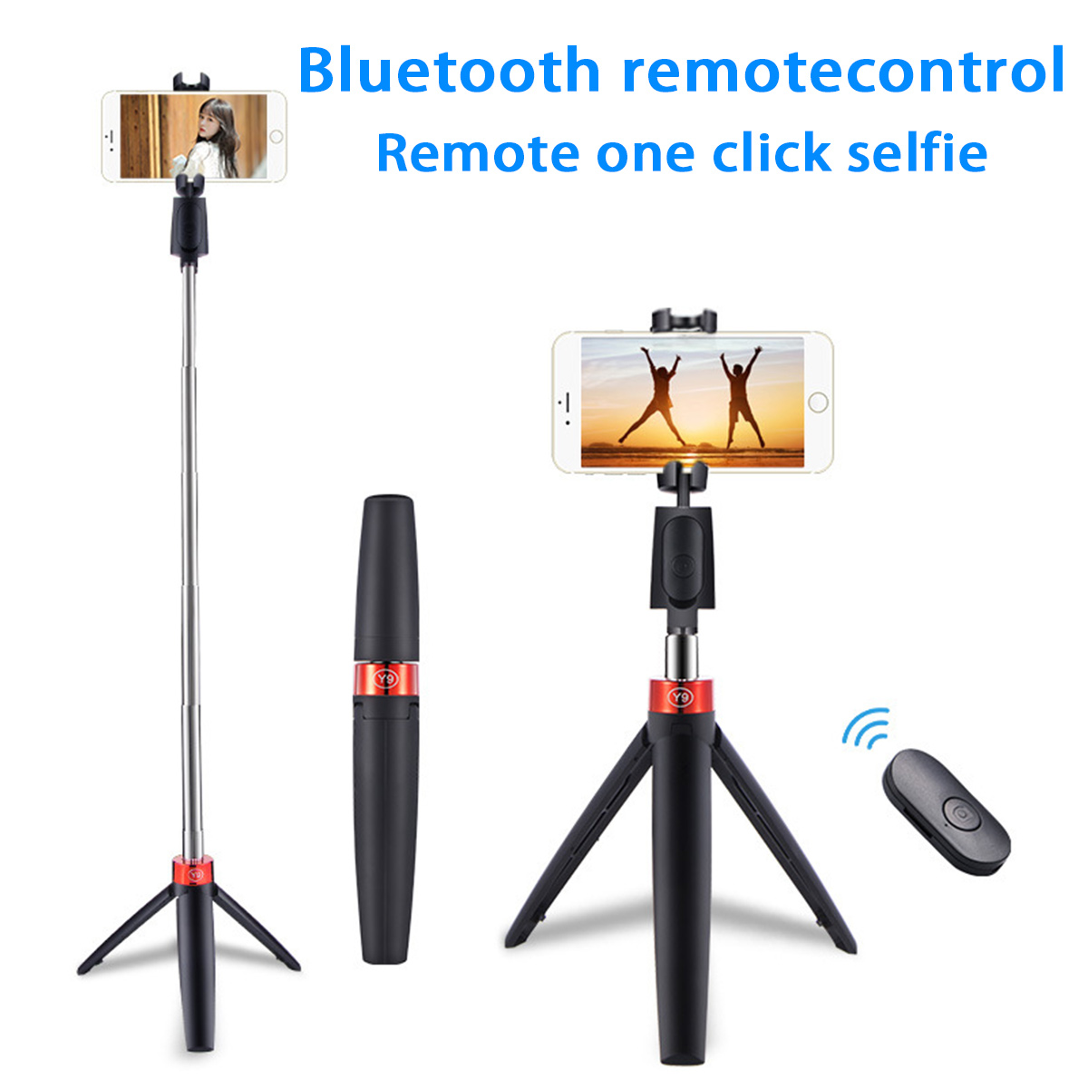 Das Bild zeigt Selfie-Sticks und eine Fernbedienung. Ein Stick hat ein Telefon mit einer Person auf dem Bildschirm. Ein anderer Stick hat ein Telefon mit springenden Figuren.