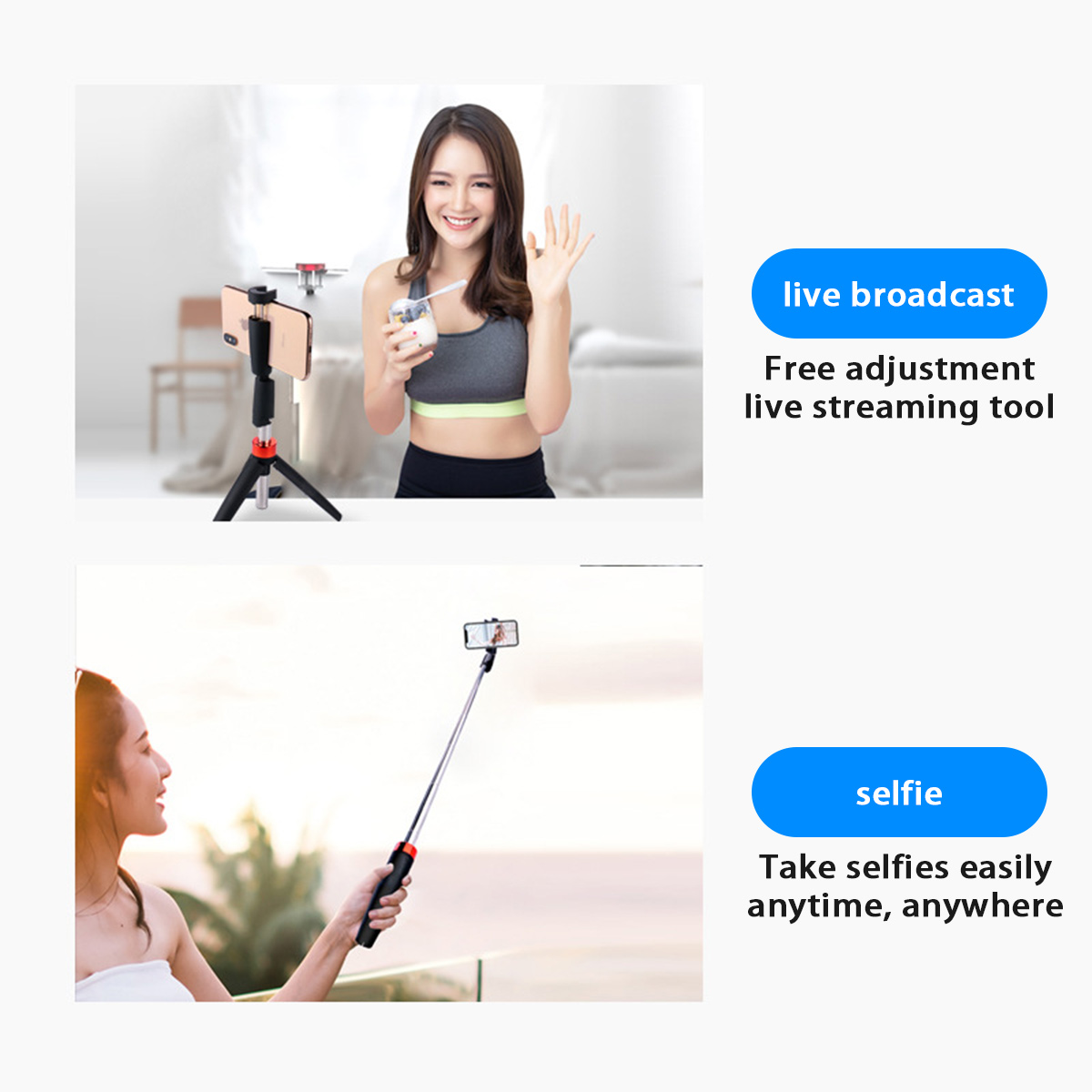 Frau benutzt Telefon auf Stativ für Live-Übertragung, andere Frau macht Selfie mit Selfie-Stick im Freien.