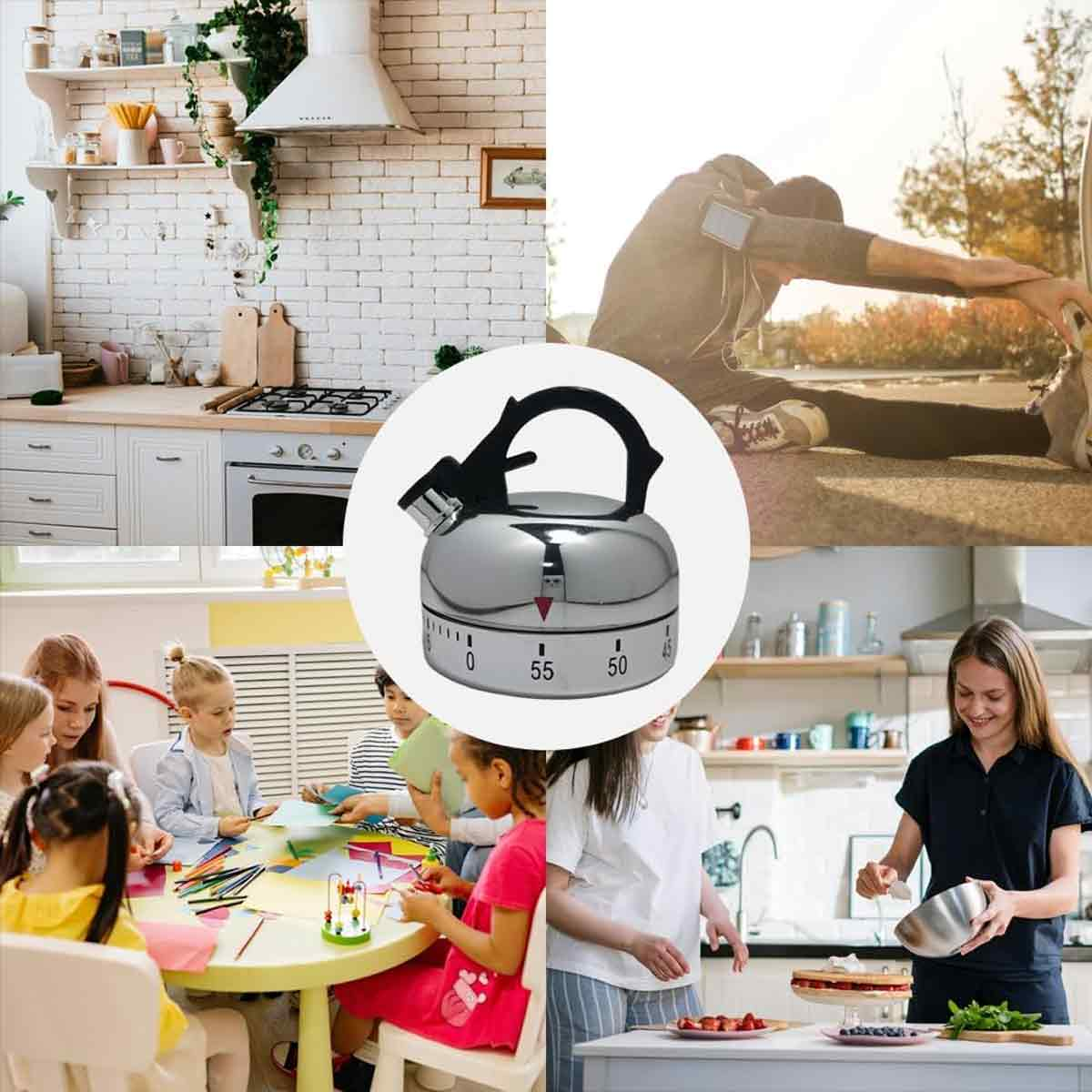Eine Collage mit einem Kessel-Timer, einer sich dehnenden Person, einer Küche und Kindern, die basteln.