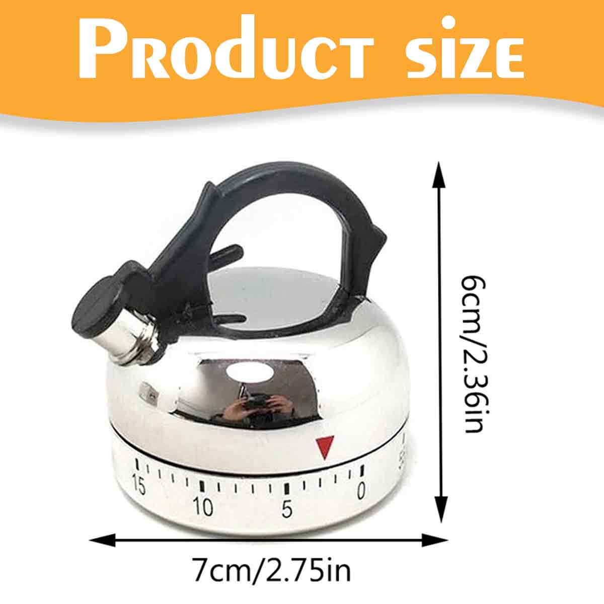 Ein Küchenwecker aus Edelstahl mit schwarzem Griff und Zifferblatt, mit Abmessungen. Oben steht das Wort 'Produktgröße'.
