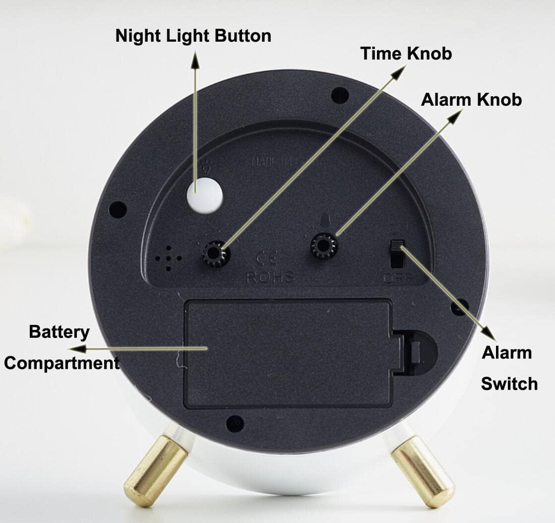 Retro di una sveglia bianca. Ha un pulsante luce notturna, una manopola dell'ora, una manopola della sveglia, un interruttore della sveglia e un vano batteria.