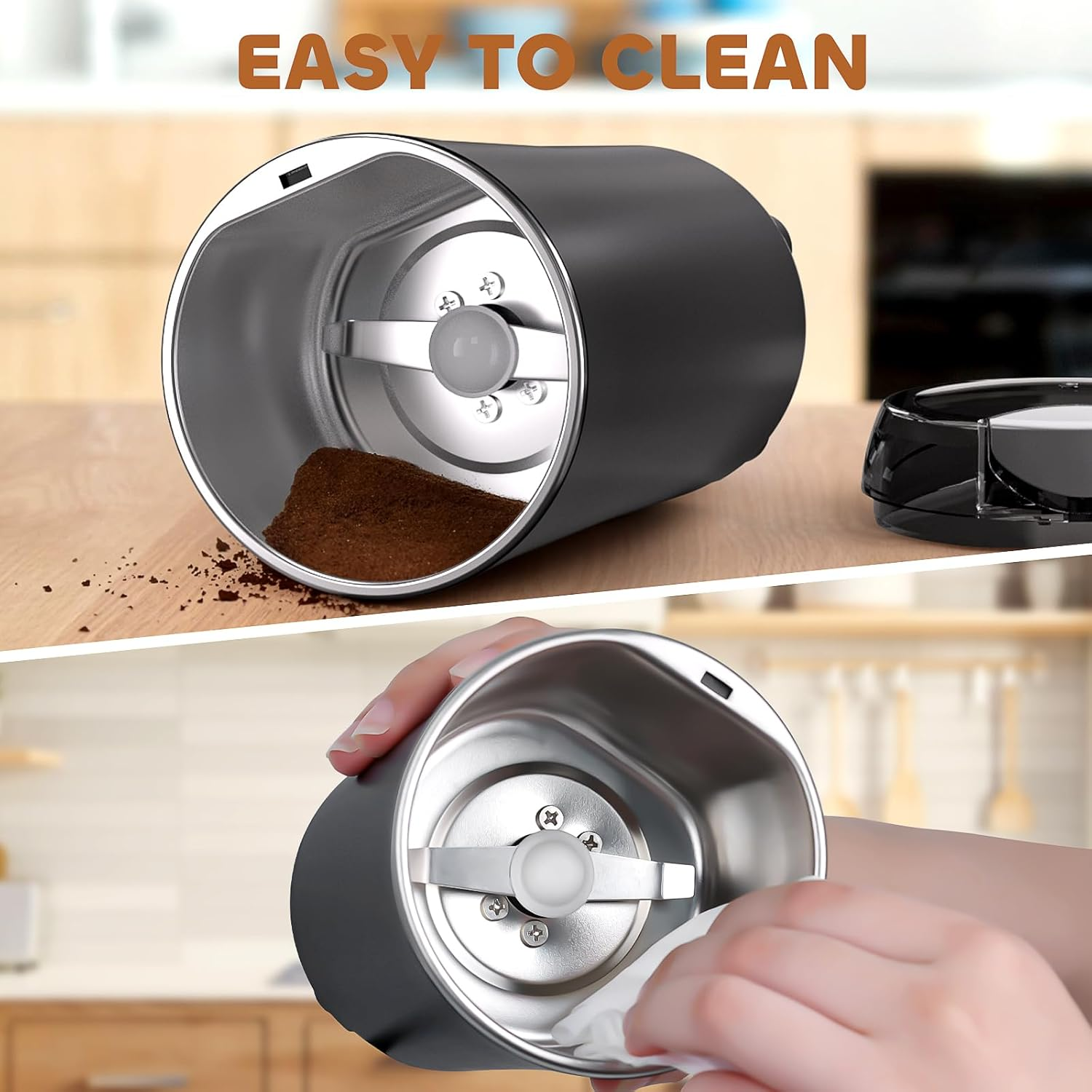 Eine Kaffeemühle mit Kaffeepulver wird gezeigt. Eine Hand wischt die Mühle sauber. Der Text 'EASY TO CLEAN' steht oben.