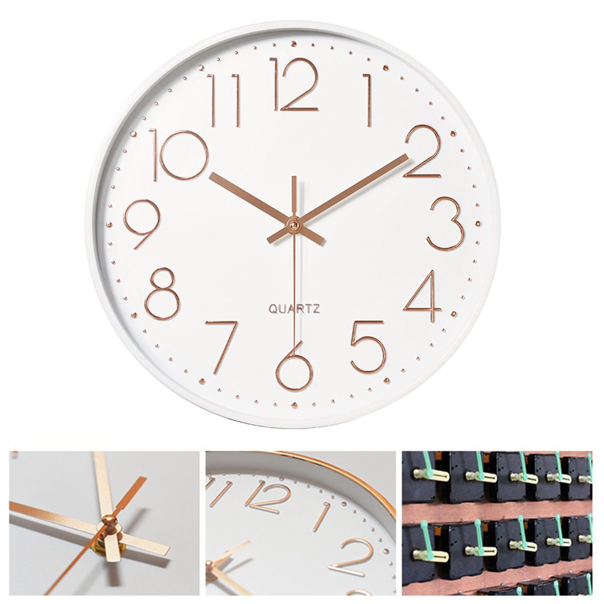 Eine weiße Quarz-Wanduhr. Sie hat ein weißes Zifferblatt mit roségoldenen Zahlen und Zeigern. Die Uhr zeigt 10:09.