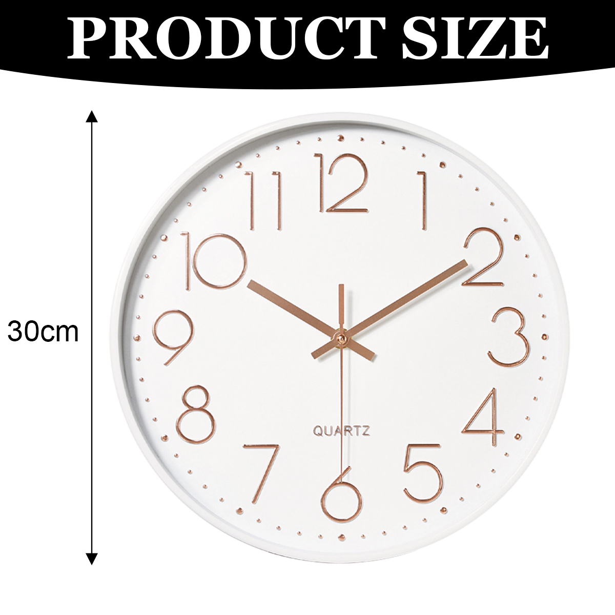 Eine weiße Wanduhr mit roségoldenen Zahlen und Zeigern. Die Uhr ist 30 cm groß. Der Text lautet 'PRODUCT SIZE' oben und 'QUARTZ' unten.