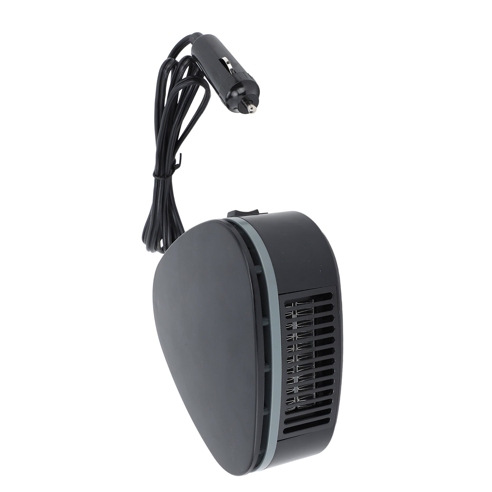 Ein schwarzes Autoheizgerät mit Kabel und Stecker, das Heizgerät hat einen Ventilator und einen Netzschalter, alles auf weißem Hintergrund.