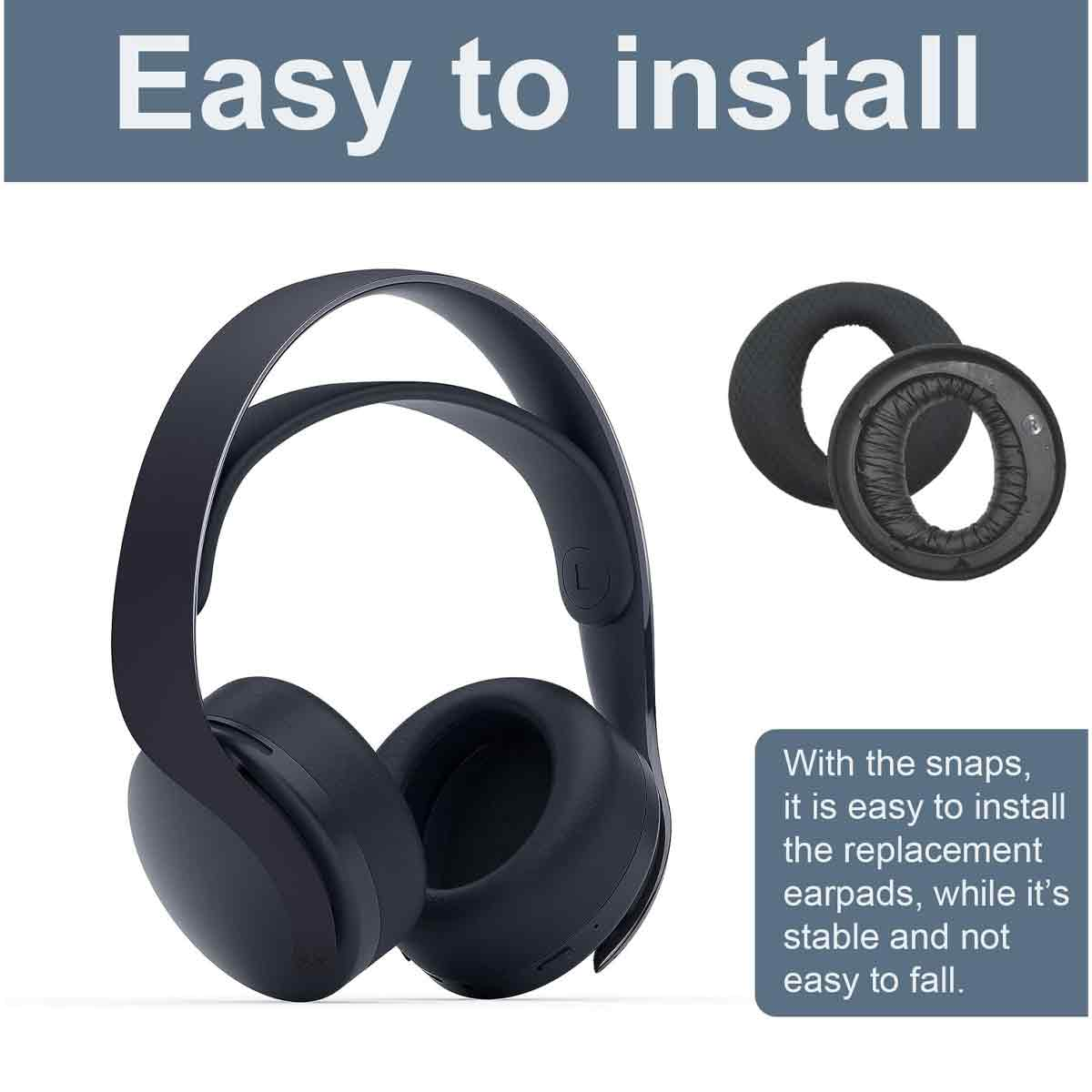 Das Bild zeigt ein schwarzes Headset und Ersatz-Ohrpolster. Der Text lautet "Easy to install" und beschreibt die Schnappinstallation.