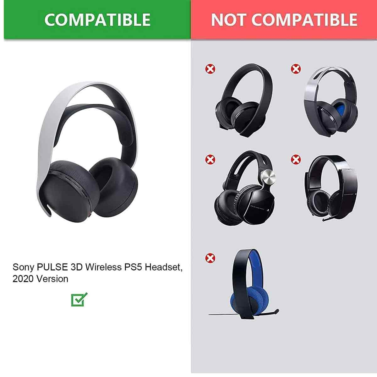 Das Bild vergleicht ein kompatibles Headset mit einem grünen Häkchen mit inkompatiblen Headsets, die mit roten X gekennzeichnet sind. Text zeigt Sony PS5 Headset.