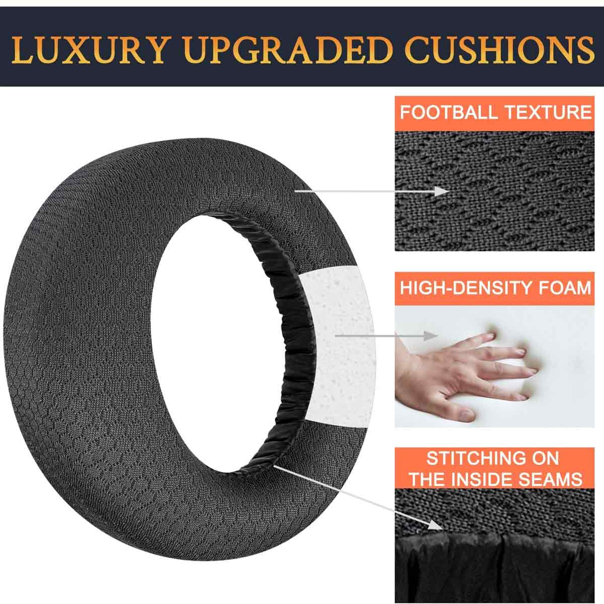 Dunkelgraues Kissen mit Football-Textur, weißem Schaumstoff und Nähten an den Innennähten. Text: Luxury Upgraded Cushions, High-density Foam.