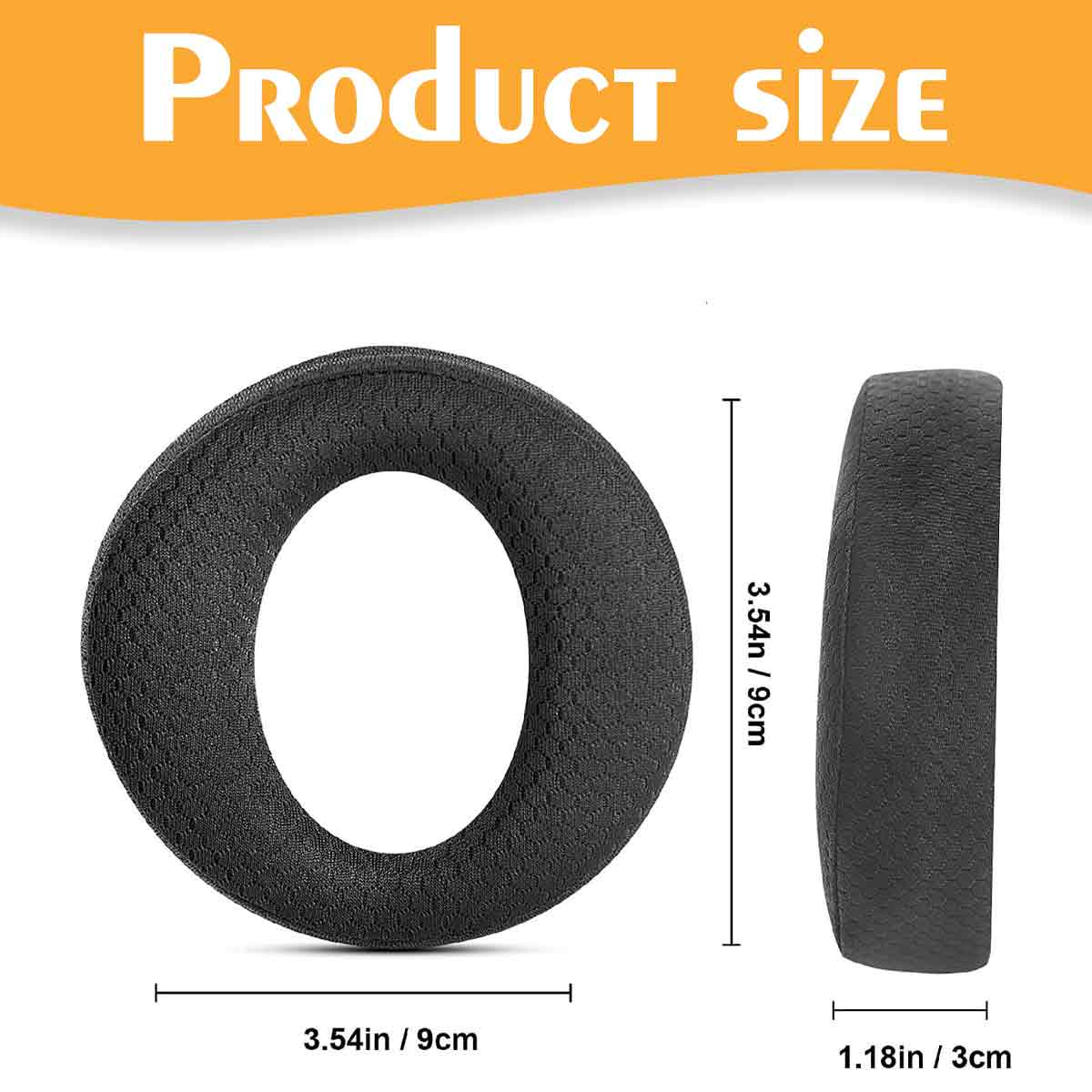 Zwei schwarze Kopfhörer-Ohrpolster, eine Vorderansicht und eine Seitenansicht. Abmessungen sind angegeben: 3,54 Zoll/9 cm und 1,18 Zoll/3 cm. Text: Produktgröße.